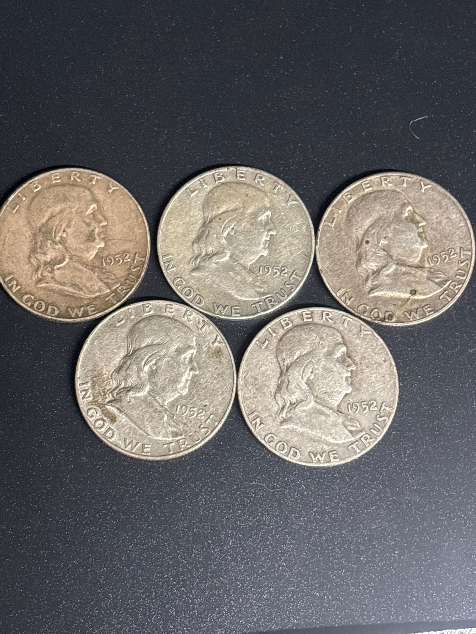 Five 1952 Franklin United States silver Half Dollars (1 of 5)