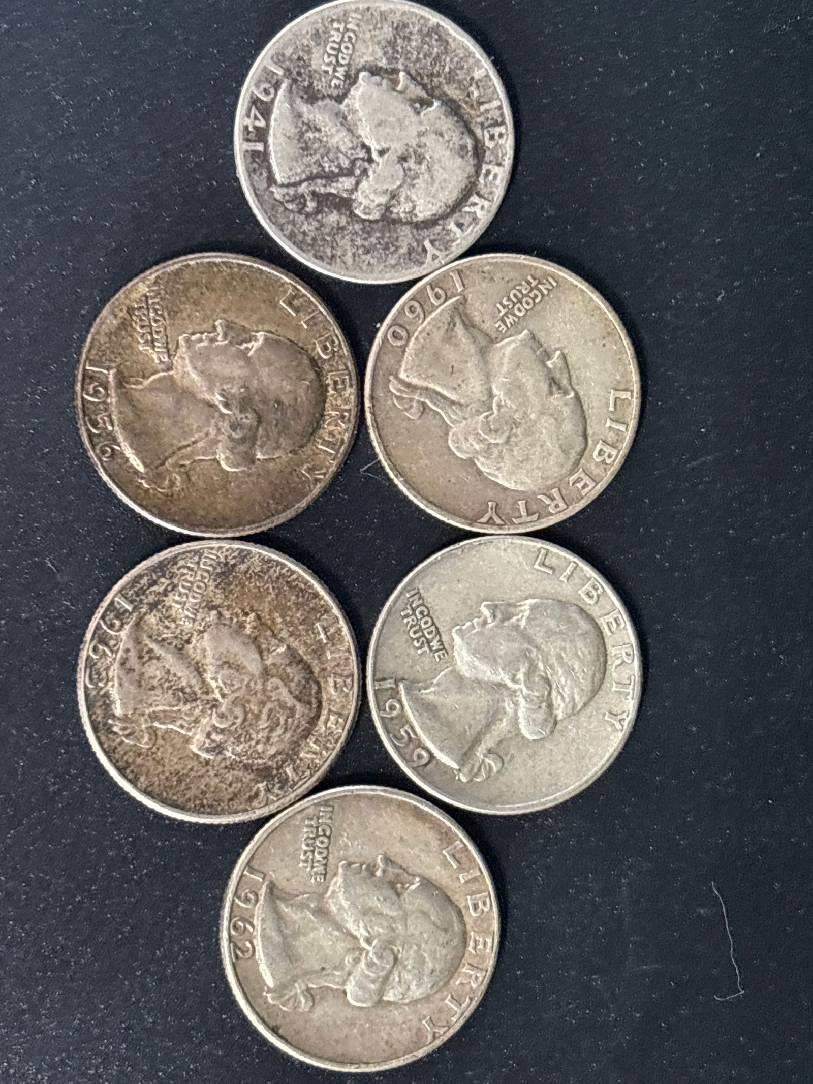 six United States Washington silver quarters including a 1941 (1 of 5)