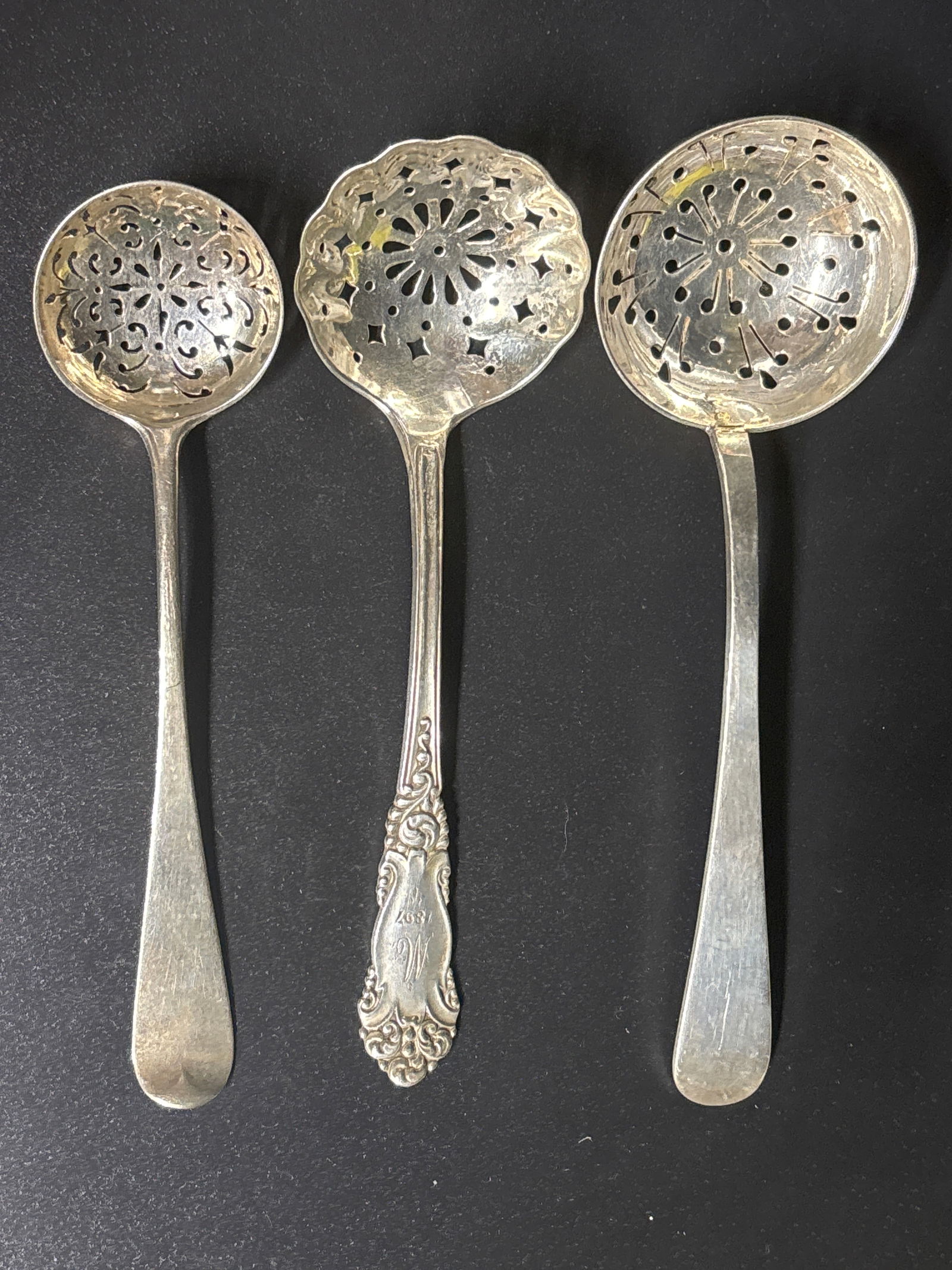 Three 19th C. London English sterling silver straining spoons; 74.8 grams (1 of 8)