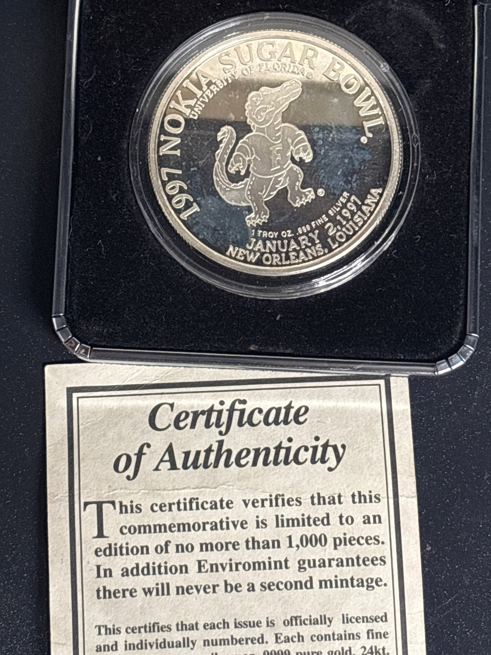 one ounce .999 fine silver round 1997 Nokia Sugar Bowl commemorative coin: 1997 Nokia Sugar Bowl commemorative coin produced in limited quantities to celebrate the college football championship game played on January 2, 1997, in New Orleans, Louisiana.Subject: The coin featu