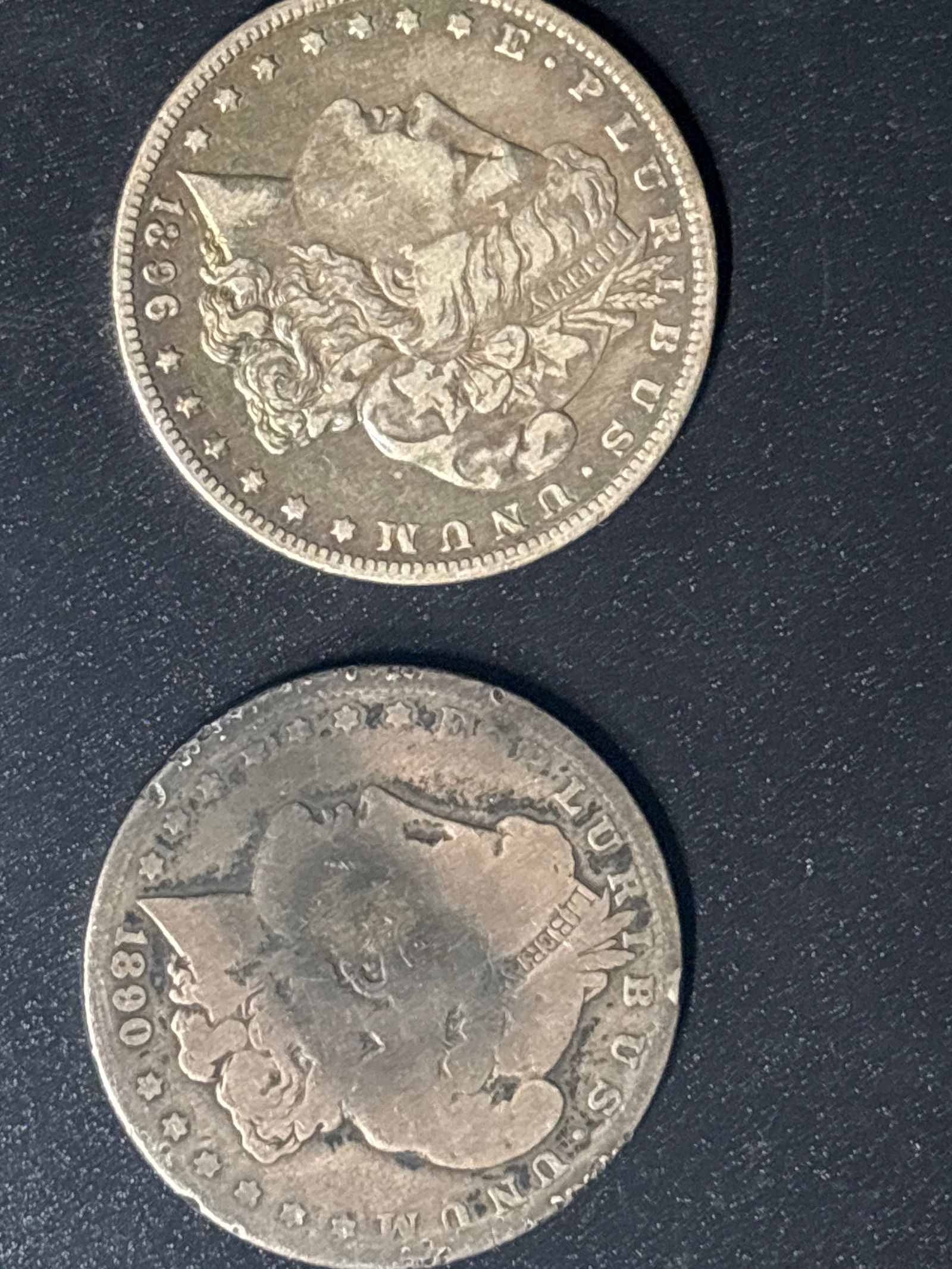 Two Early Morgan United States Silver Dollars; 1896 & worn 1890 (1 of 6)