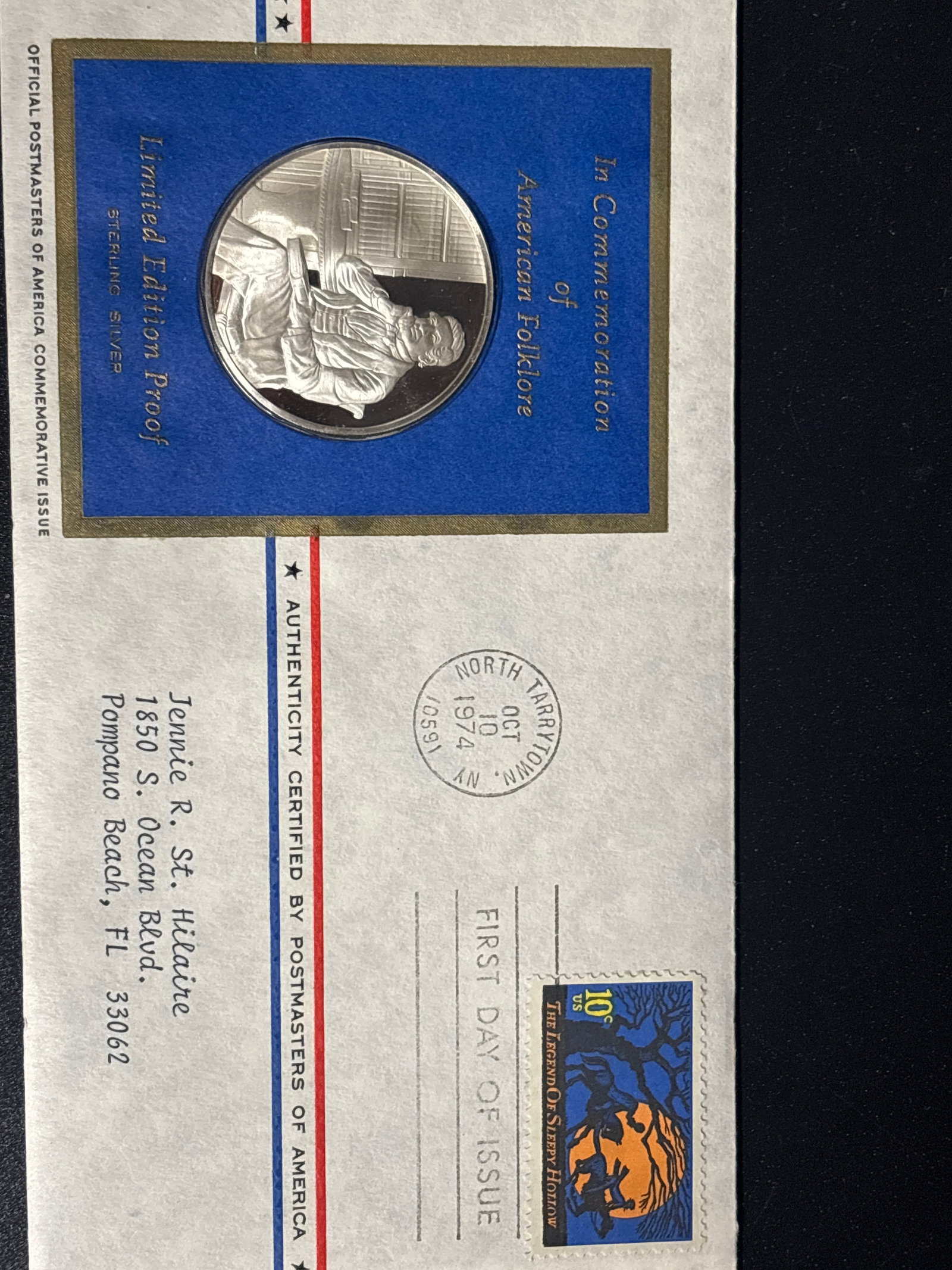 1974 Sterling Silver proof Commemorative Medal number 17 Folklore: 1974 Sterling Silver Commemorative Medal titled "In Commemoration of American Folklore."This piece was issued by the Official Postmasters of America and struck by the Franklin Mint. These medals were 