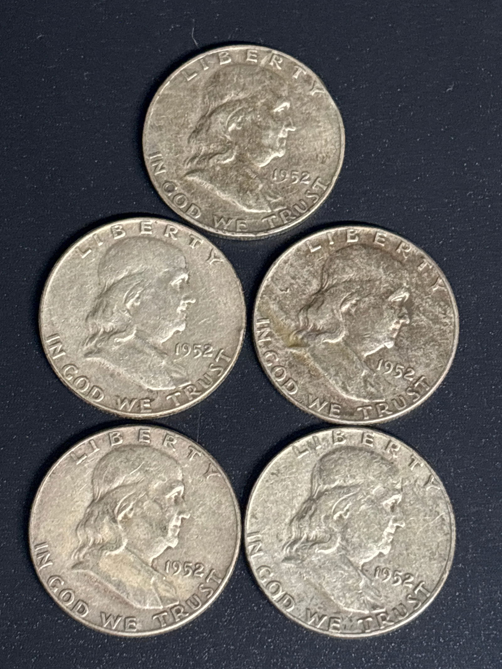 Five 1952 United States Franklin silver Half Dollar coins (1 of 5)