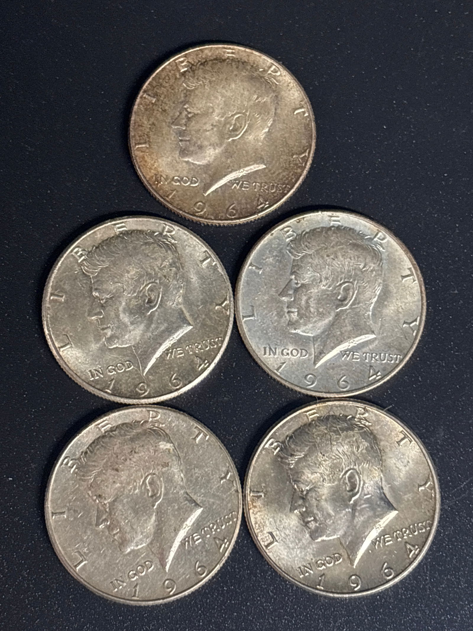 Five 1964 United States Kennedy silver Half Dollar coins (1 of 5)