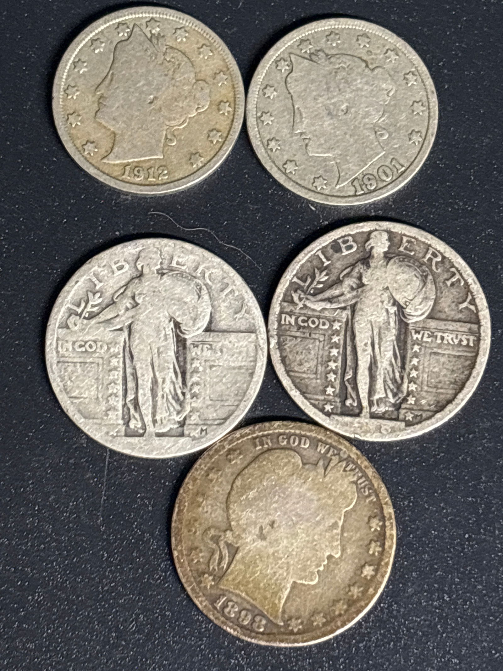 Five early silver United States quarters & nickles (1 of 7)