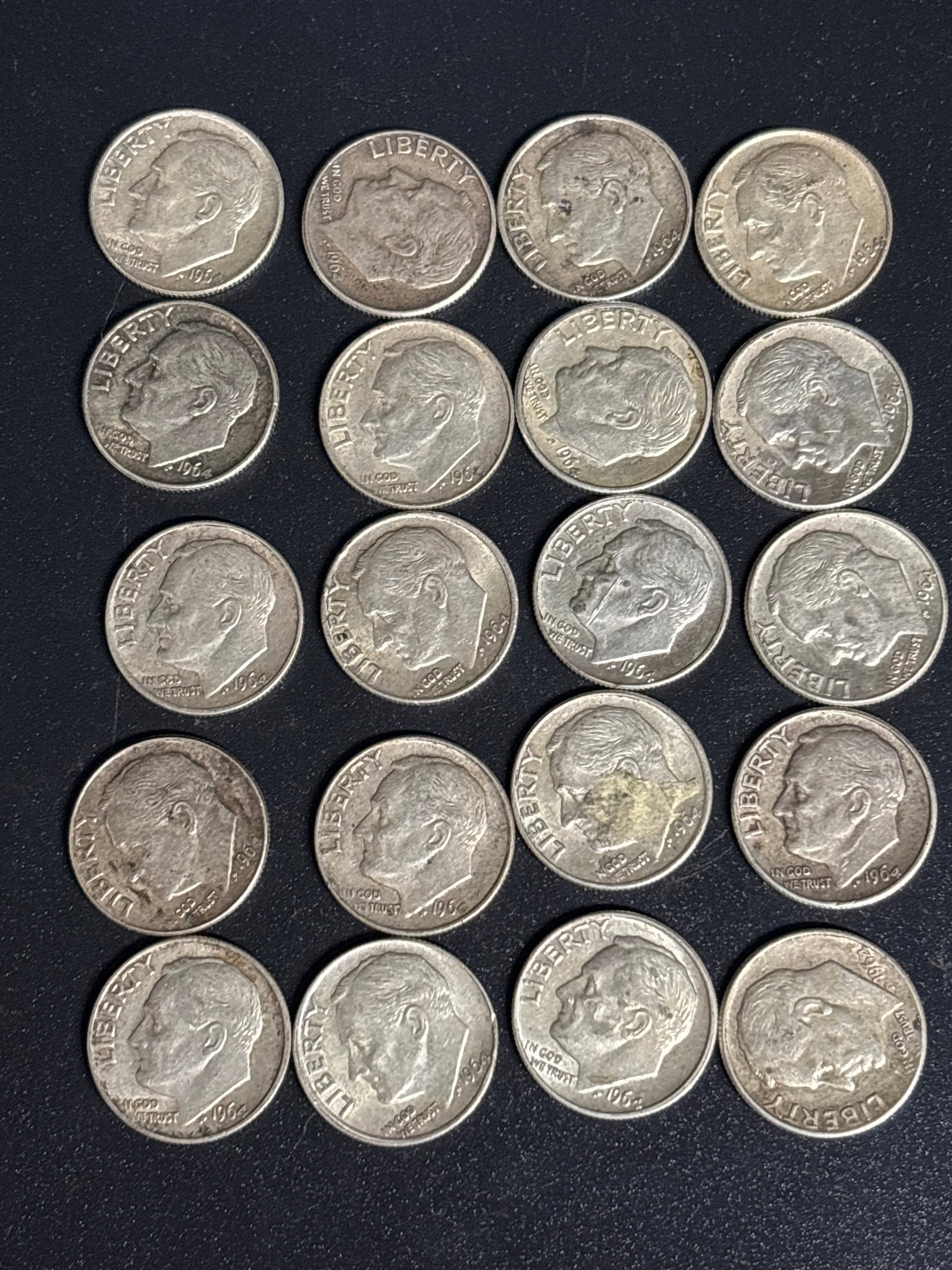 Group of twenty 1964 United States Roosevelt Dimes.: Group of twenty 1964 United States Roosevelt Dimes. Composition: This coin is composed of 90% silver and 10% copper, minted prior to the 1965 transition to base metal. Design: It features a profile of