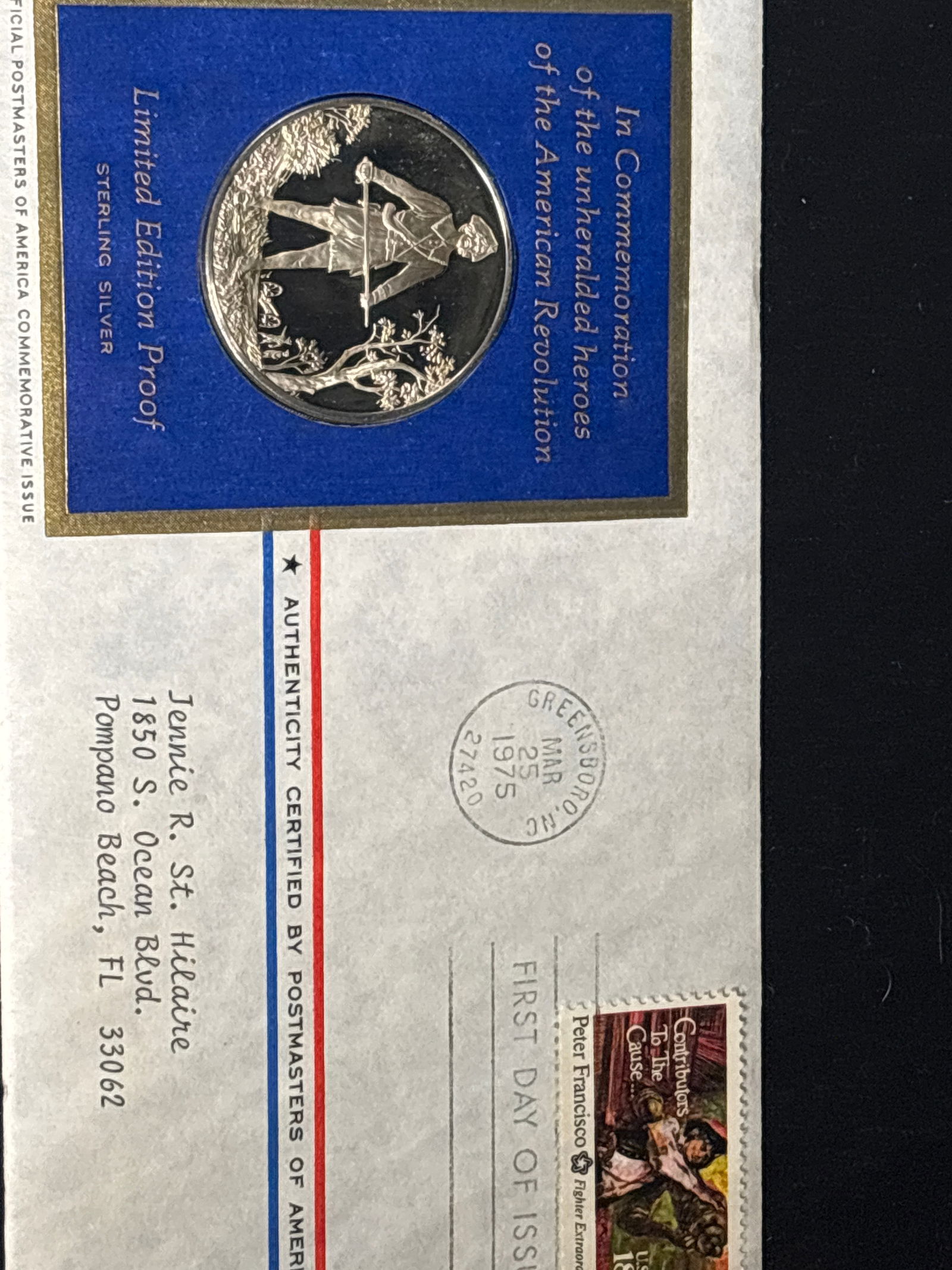 1975 Bicentennial Paul Revere sterling silver proof issue #7: 1975 Bicentennial Paul Revere sterling silver proof medal. It was produced as an official commemorative issue by the Postmasters of America. The medal honors the Battles of Lexington and Concord. The