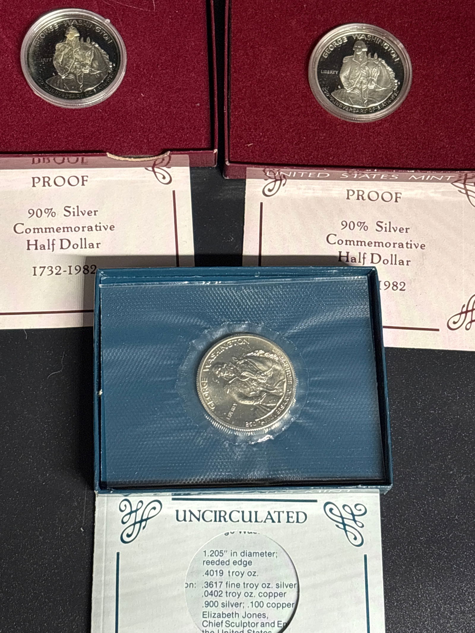 Three 90% silver George Washington 250th Anniversary Silver Half Dollars (1 of 8)