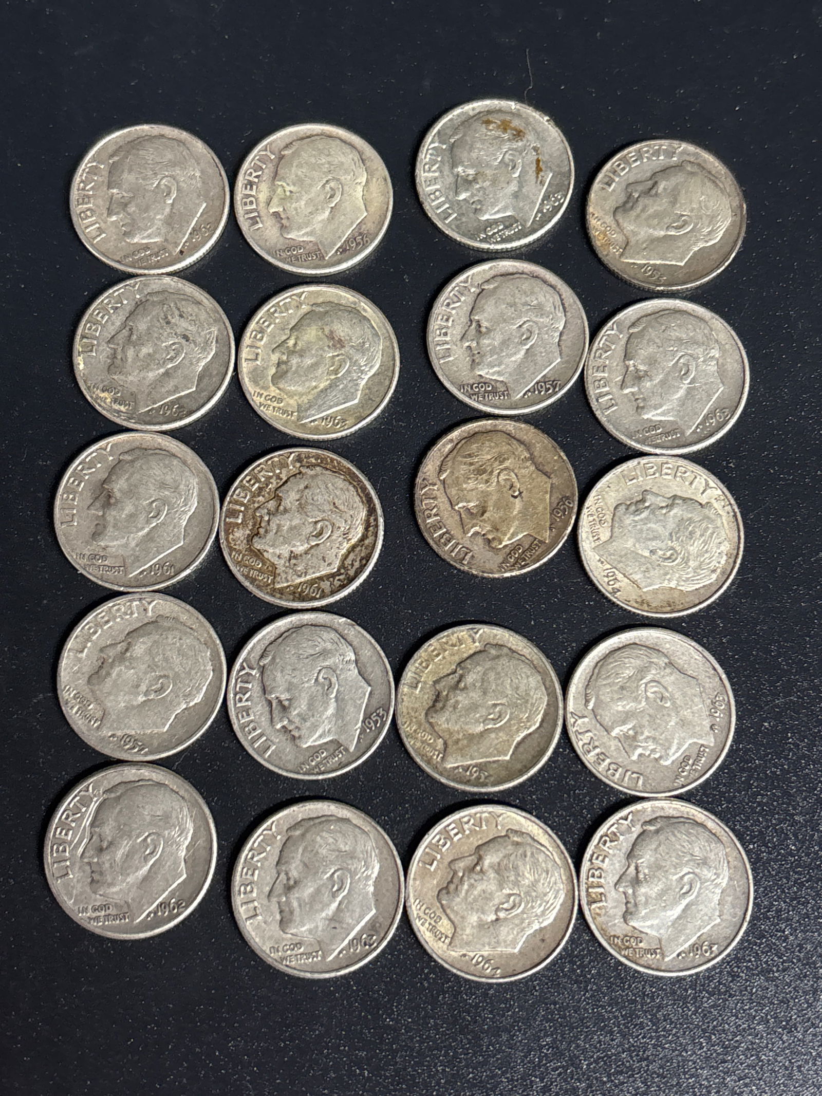 Twenty assorted Roosevelt United States silver Dime: Twenty assorted Roosevelt Dime, which is a collectible US coin made of 90% silver,. Year and Mint: 1958, minted in Denver. Composition: 90% silver, 10% copper. Design: Features Franklin D. Roosevelt