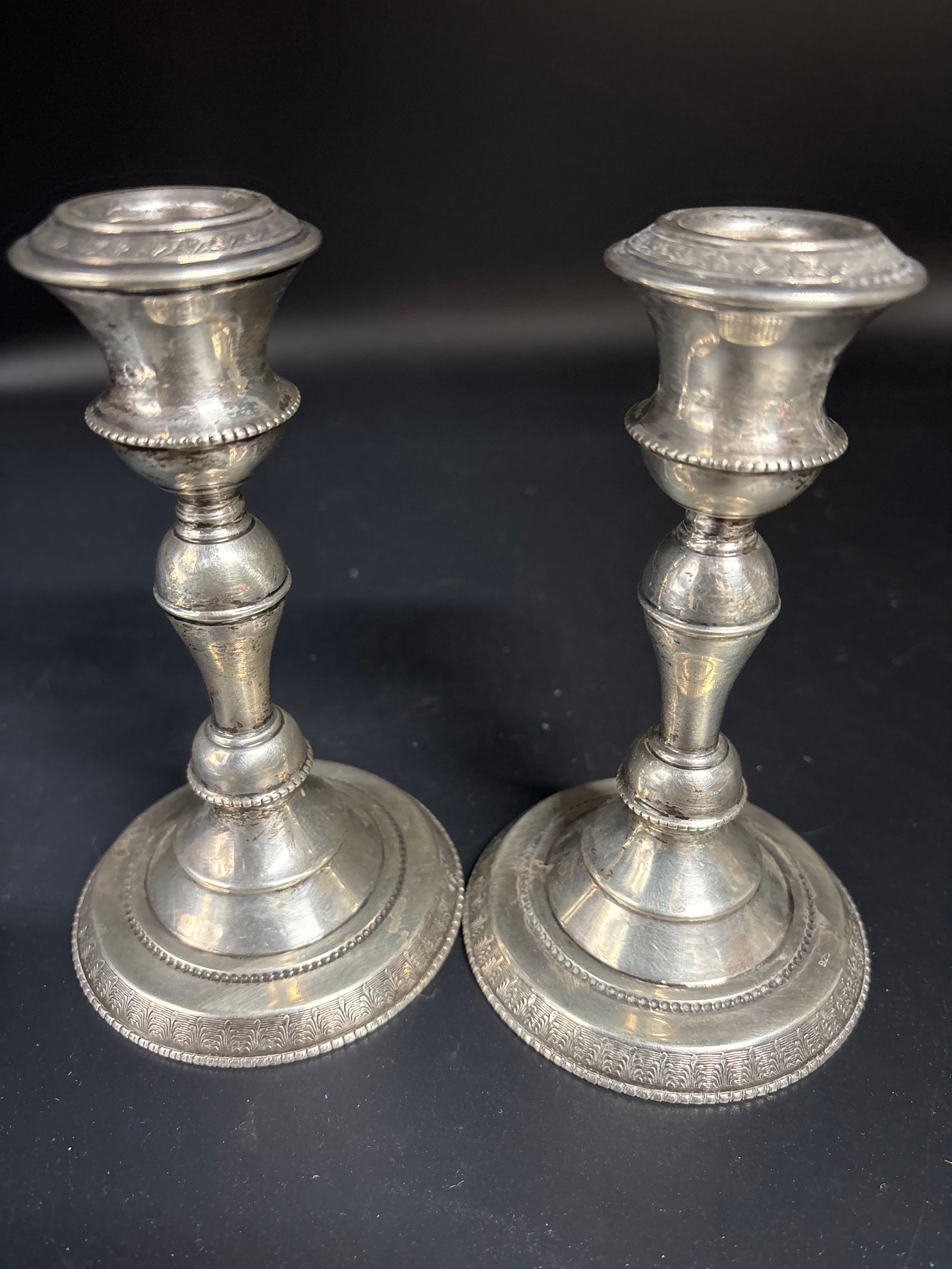 Pair 6 inch antique sterling silver weighted candlestick holders ; 300 grams inclusive (1 of 8)