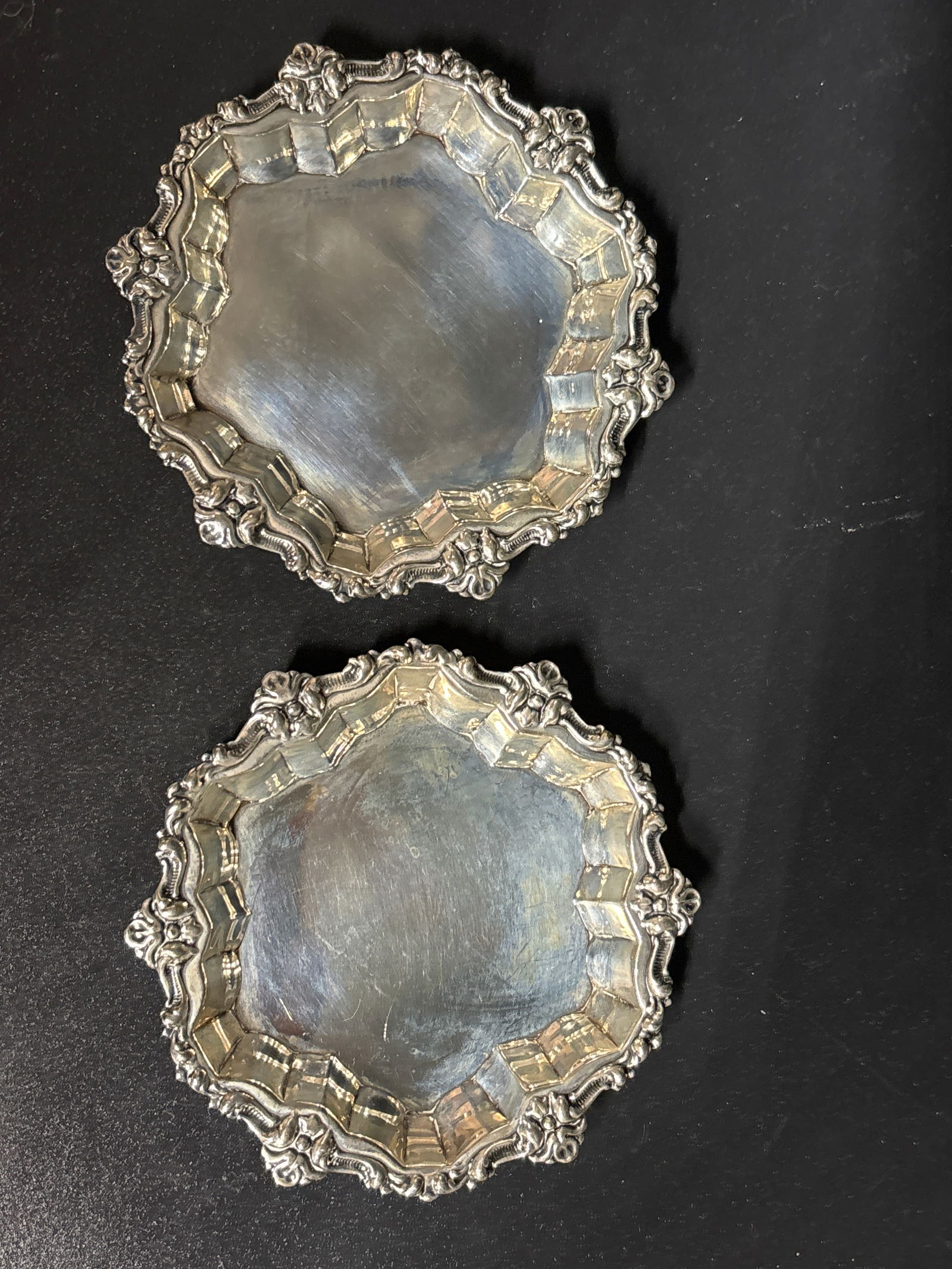 Pair antique sterling silver 3&1/2 inch small trays; 60 grams (1 of 7)