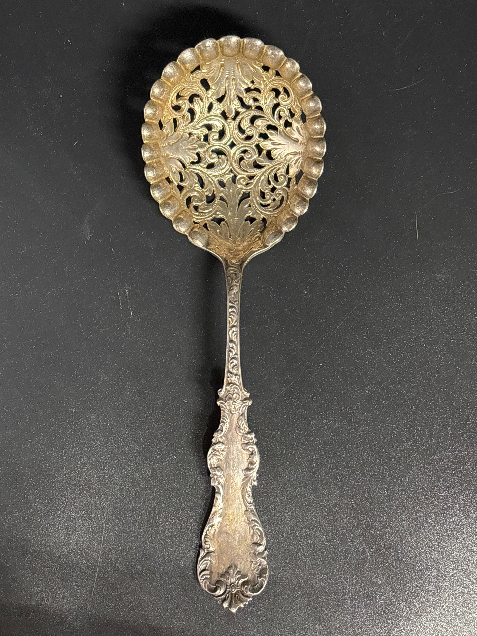 Large Victorian sterling silver ornate 8&3/4 inch serving spoon ; 90 grams (1 of 8)