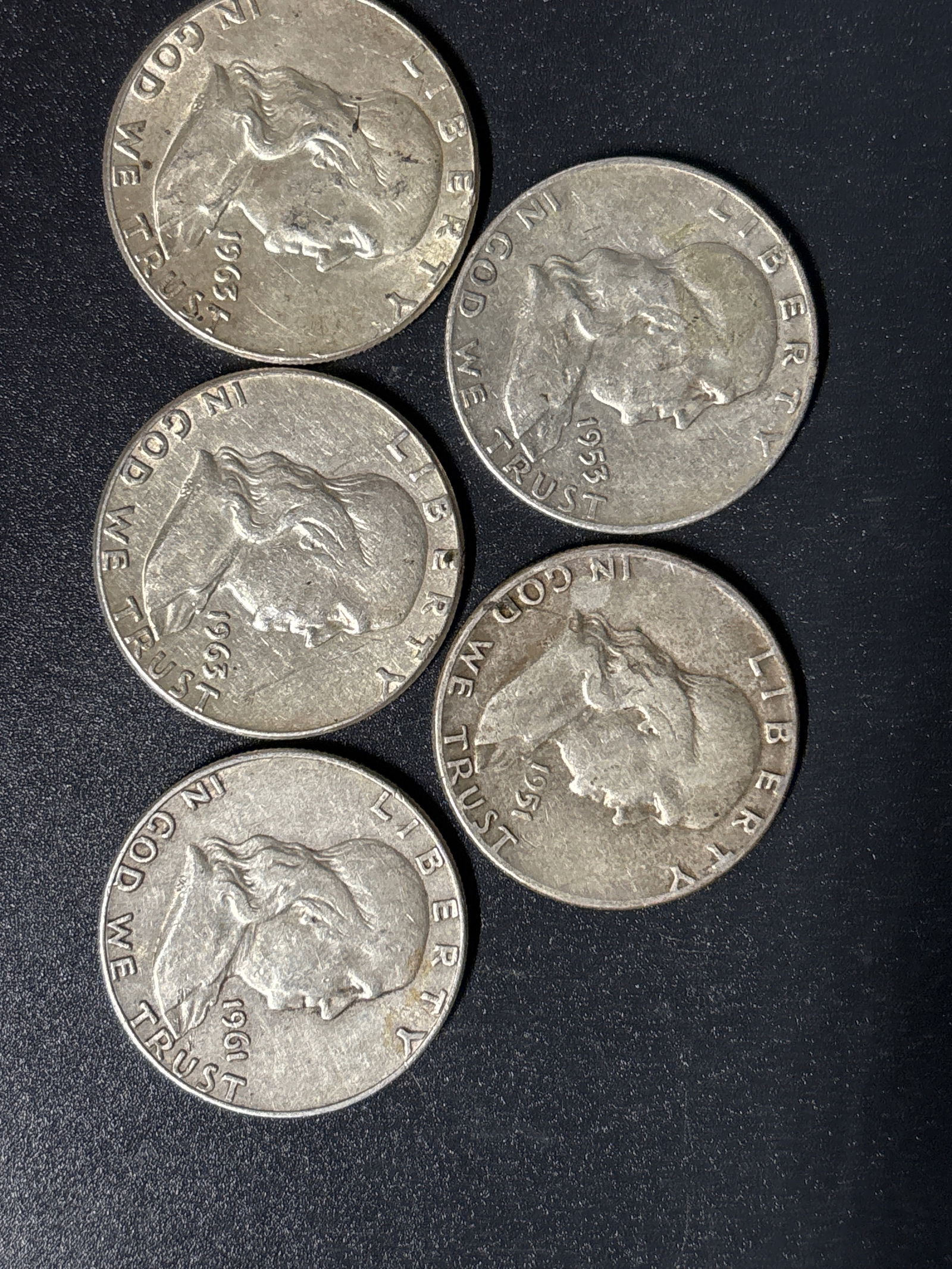 Five US Franklin Half Dollar coins; One 1951,one 1953, a1961 &two 1963 (1 of 6)