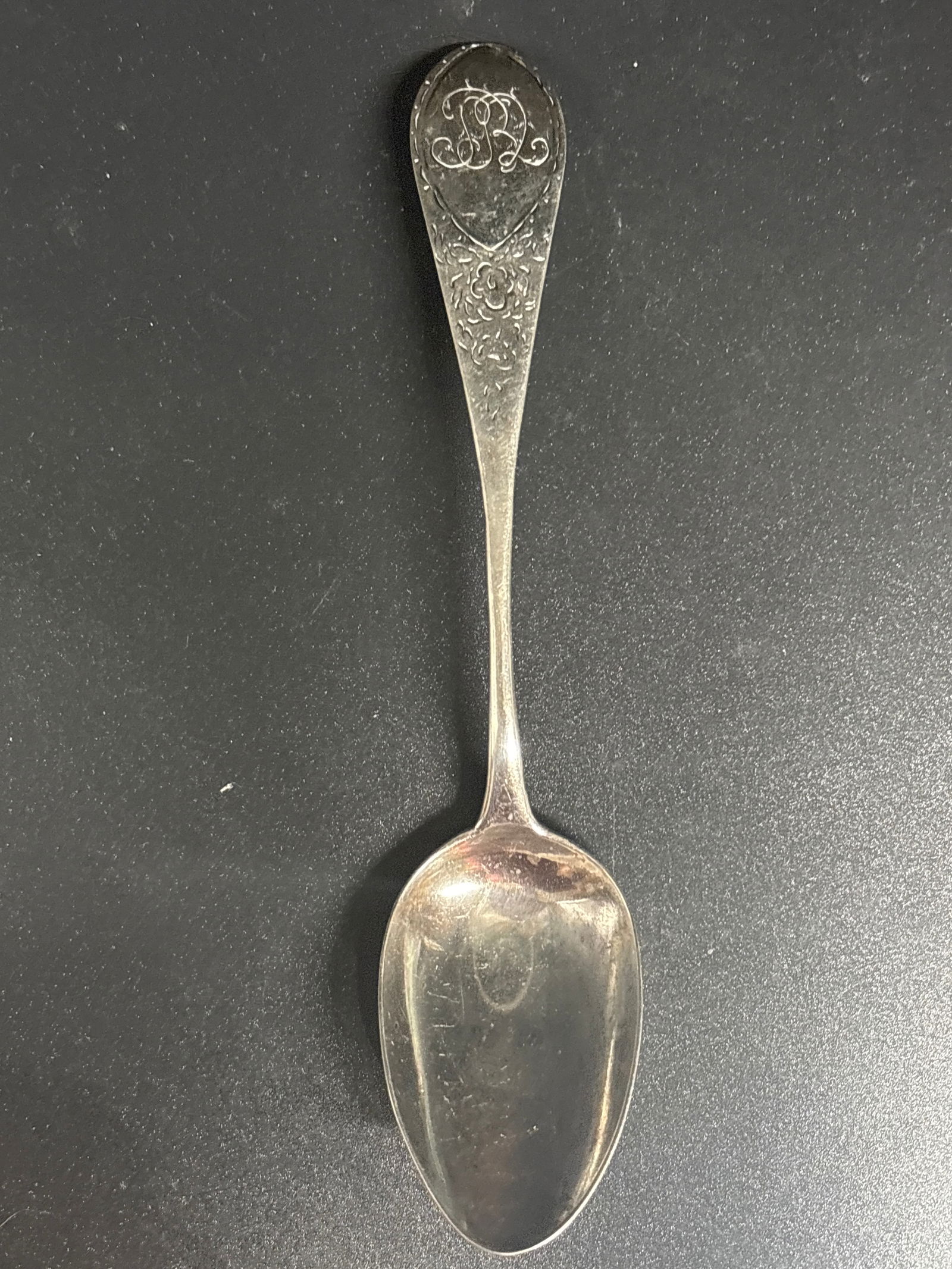 Dated 1792 Georgian-era sterling silver bright-cut 6&5/8 inch spoon; 21 grams (1 of 5)