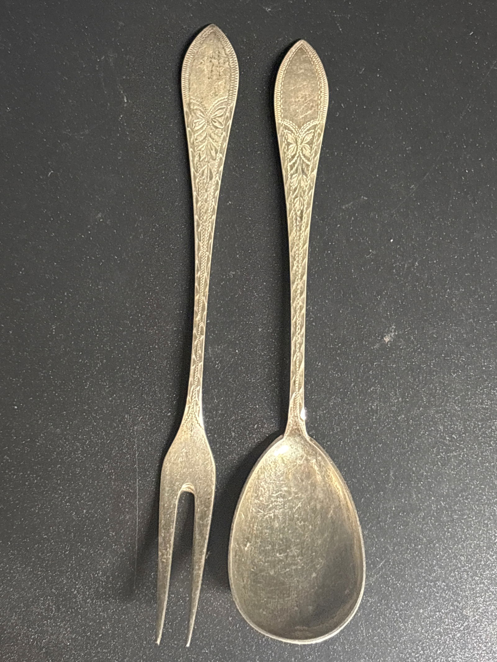 antique Danish silver bright cut spoon and two prong fork; 28 grams (1 of 7)