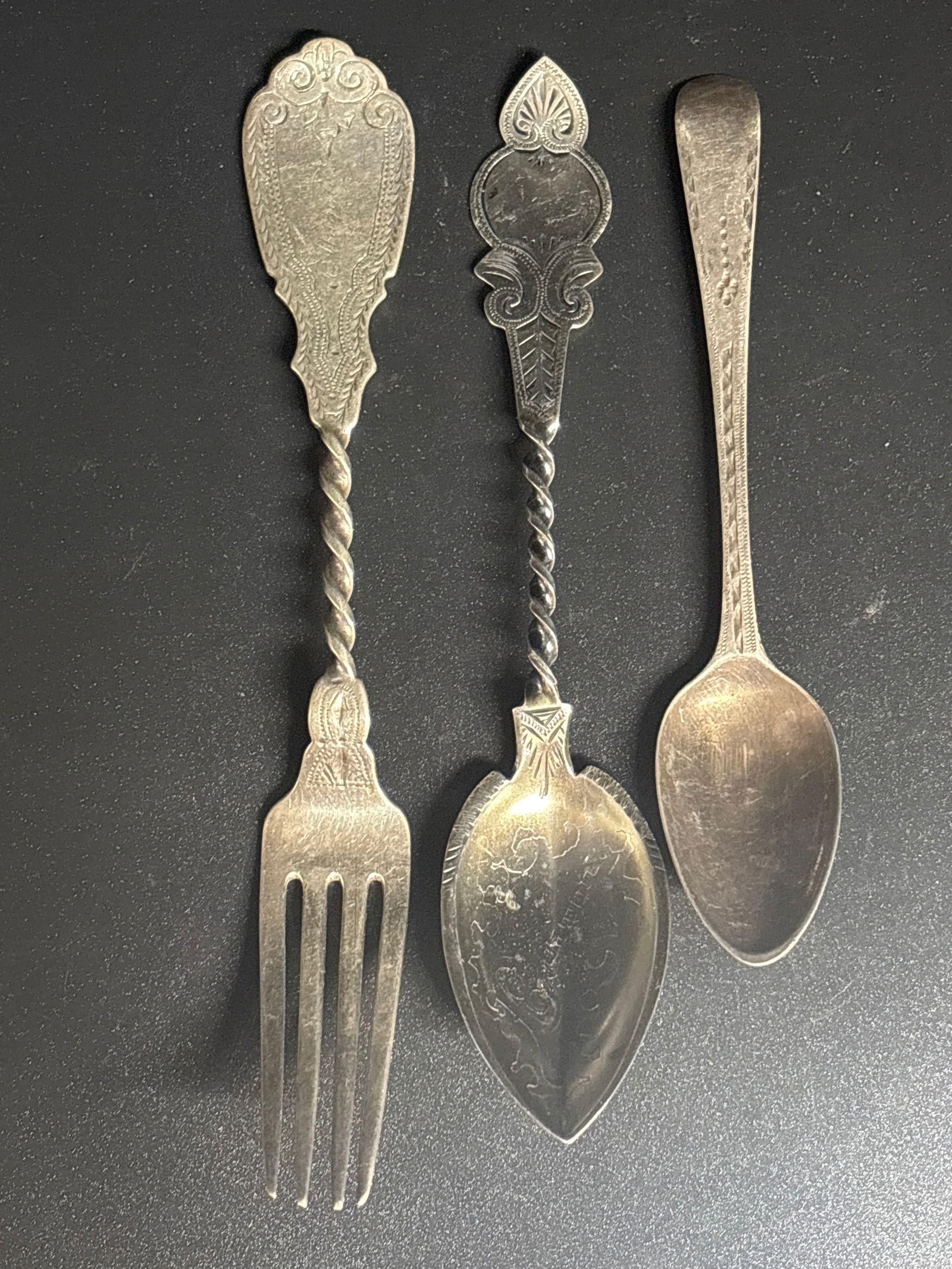 antique coin & sterling silver bright cut spoons & fork; 58 grams (1 of 6)