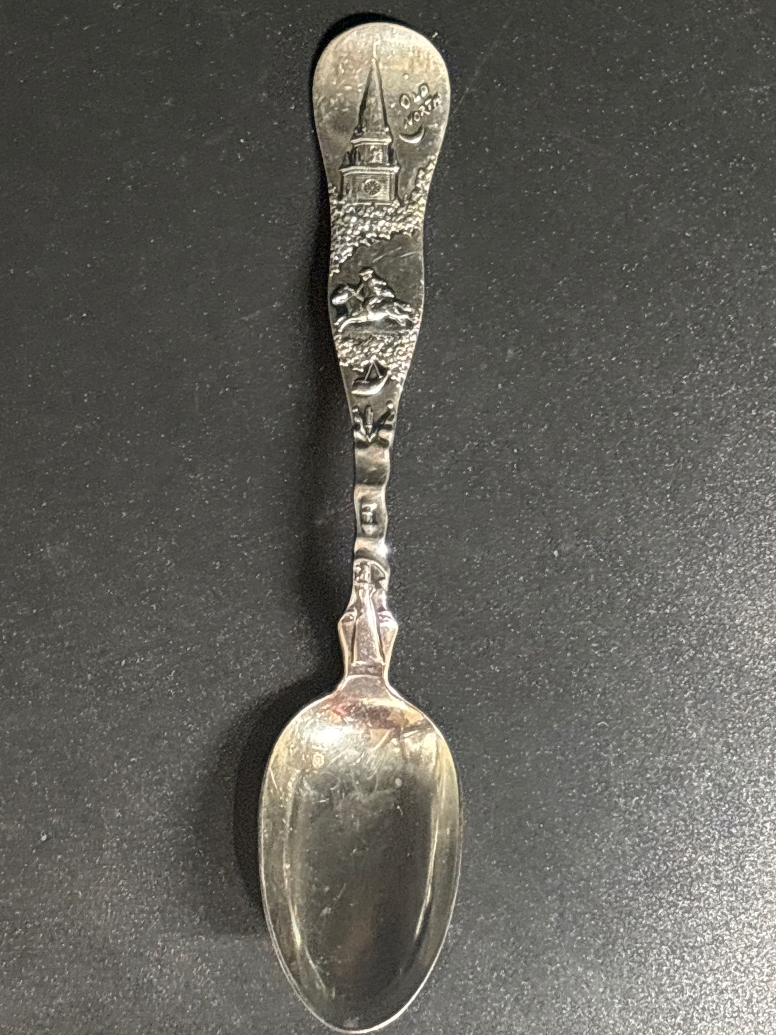 RARE dated 1892 sterling Paul Revere souvenir spoon; 29 grams: RARE dated 1892 sterling Paul Revere souvenir spoon; 29 grams. Monogram.vintage sterling silver souvenir spoon featuring the Old North Church in Boston. Subject: It commemorates the "Old North" Church