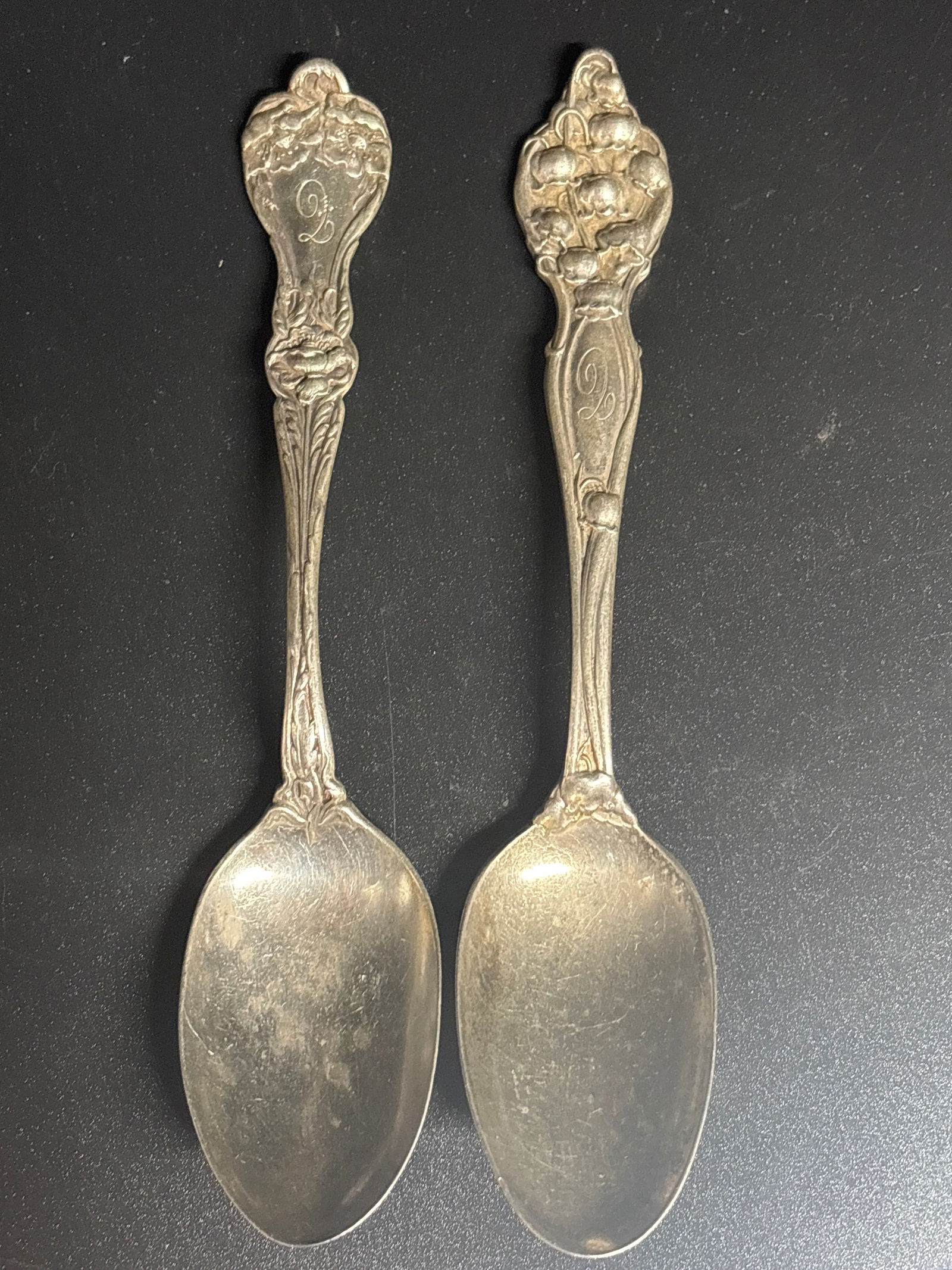 Two heavy antique similar floral design sterling silver 6 inch spoons; 55 grams (1 of 6)