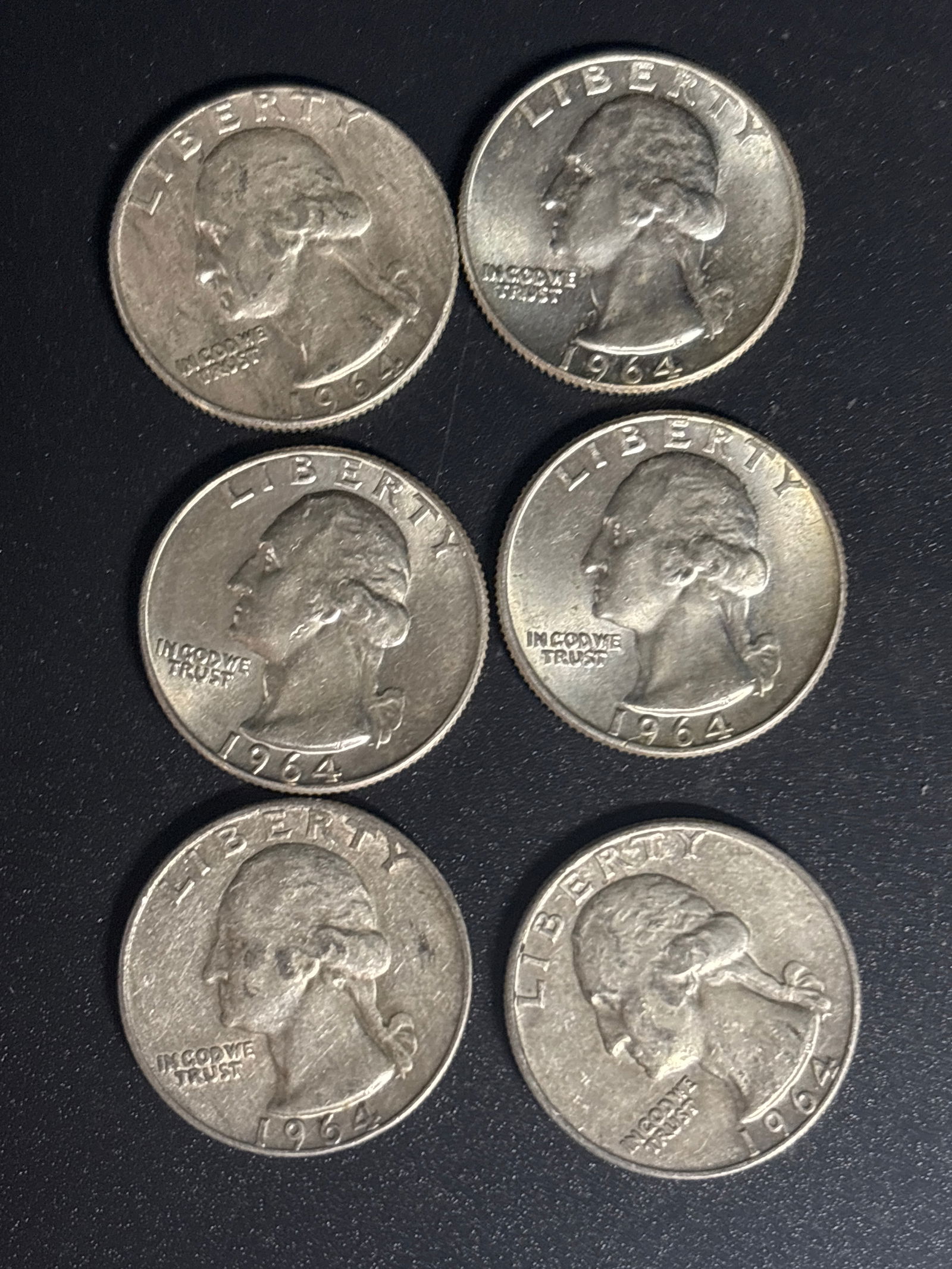 Group of six 1964 United States Washington Quarters. (1 of 5)