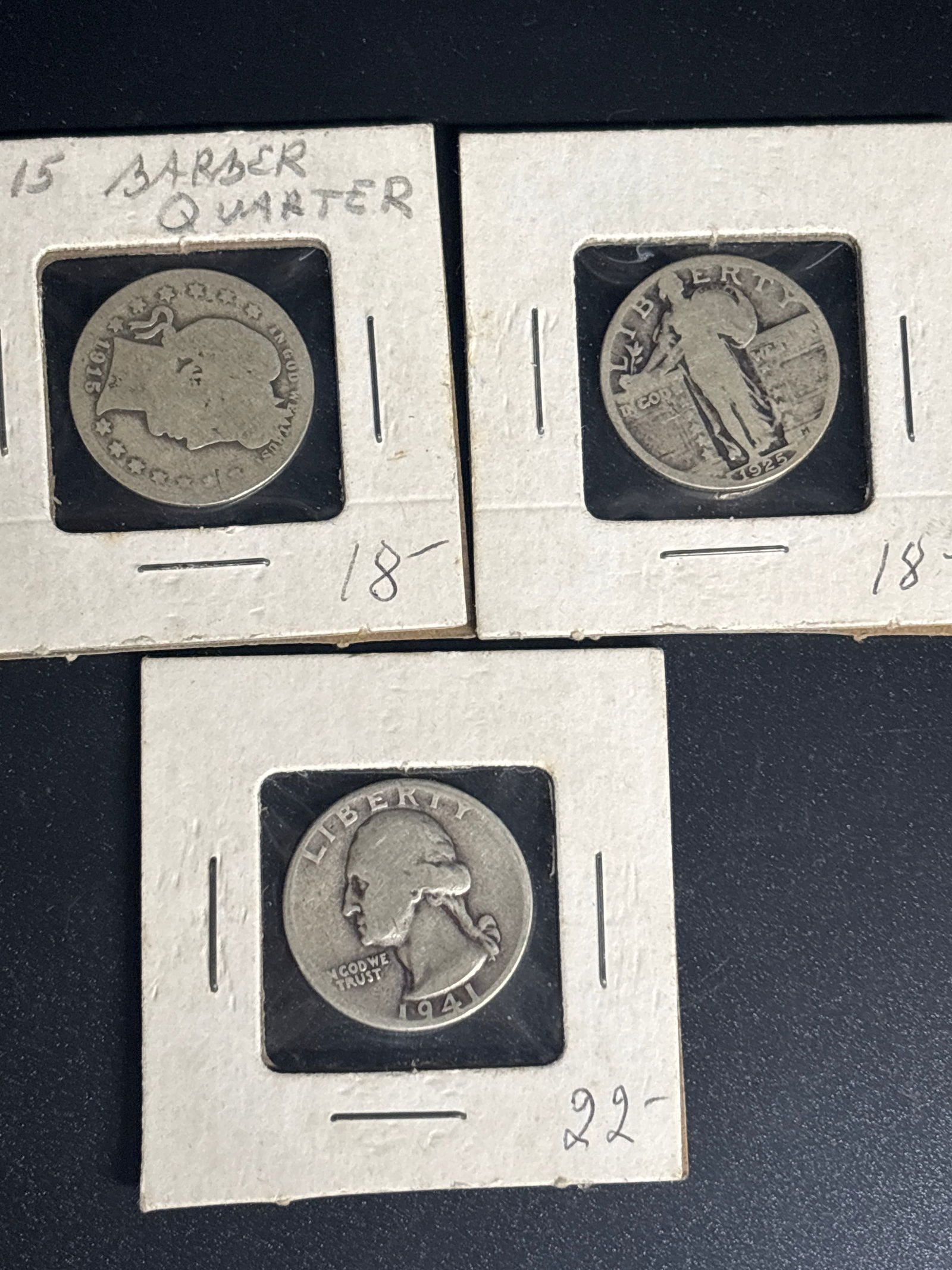 Three Early United States silver quarters; 1915, 1925 & 1941: Three United States silver quarters; a 1915 Barber, a 1925 Standing Liberty and a 1941 Washington.