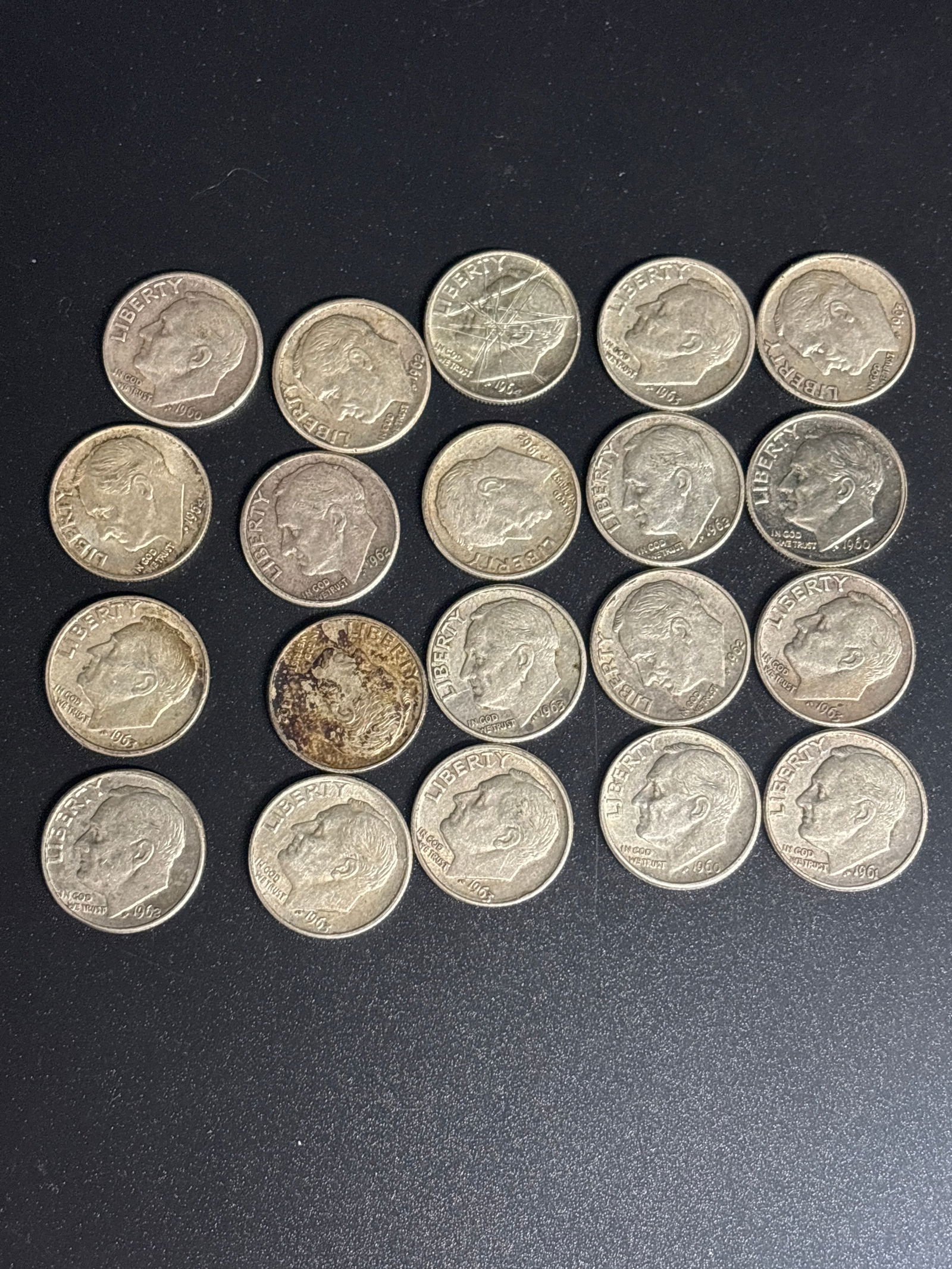 Twenty assorted silver 1960’s Roosevelt United States Dimes (1 of 6)