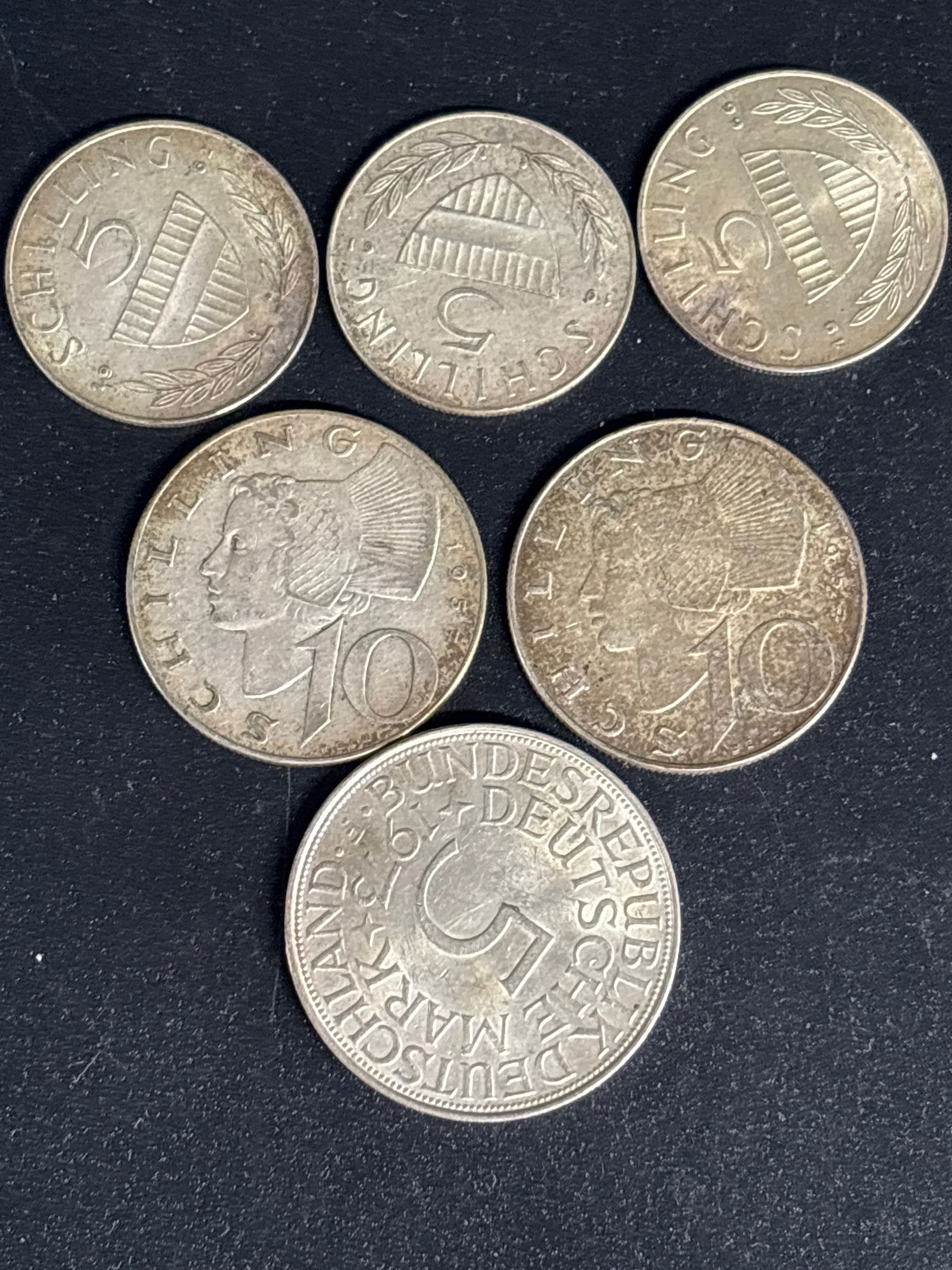 six assorted silver Continental coins; 41 grams (1 of 8)