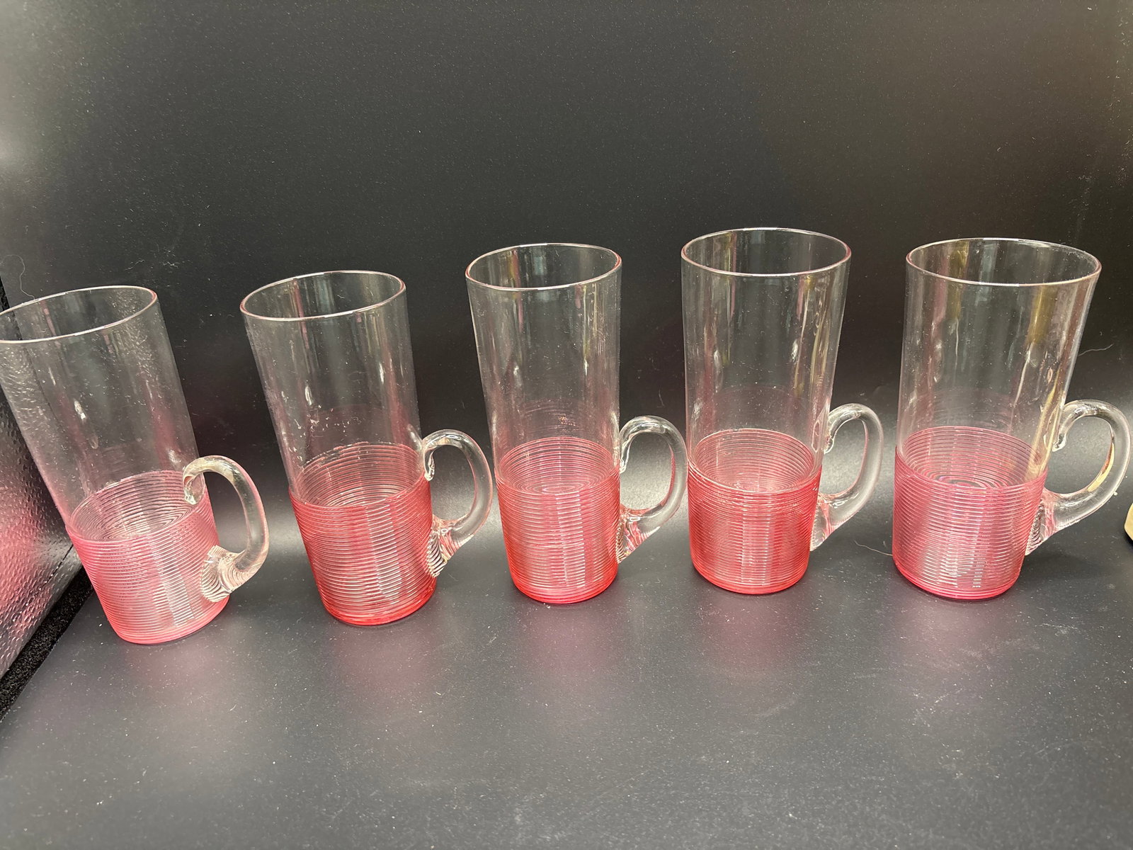 Rare set of Boston & Sandwich cranberry Threaded Horn shape art Glass cups (1 of 8)