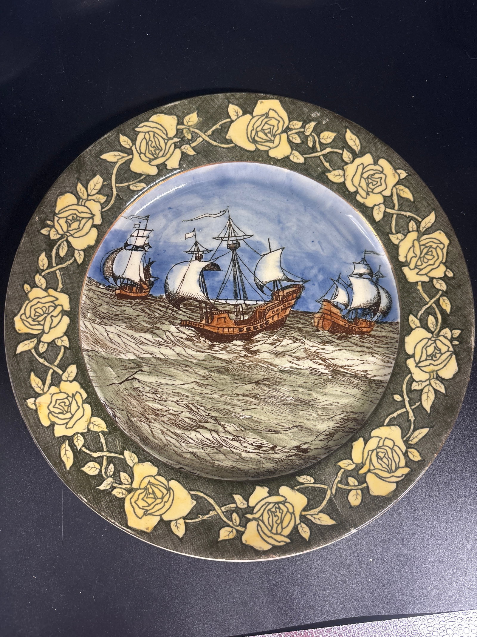 Antique Arts & Crafts era Royal Doulton Decorative Galleon sailing ships scene 9&.75 plate (1 of 7)