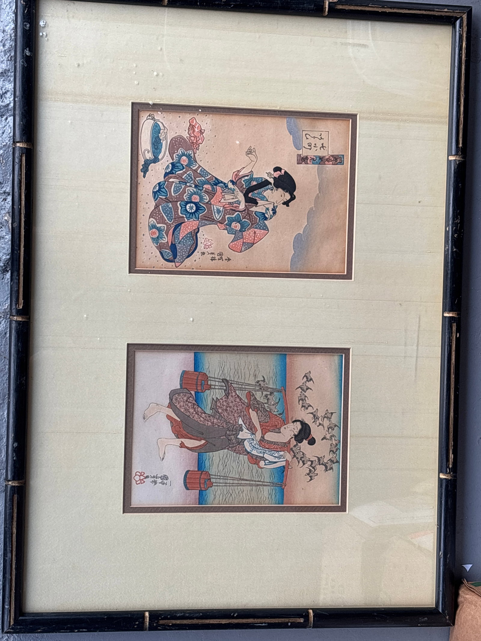 pair Japanese Ukiyo-e woodblock prints featuring depictions of women in traditional attire (1 of 8)