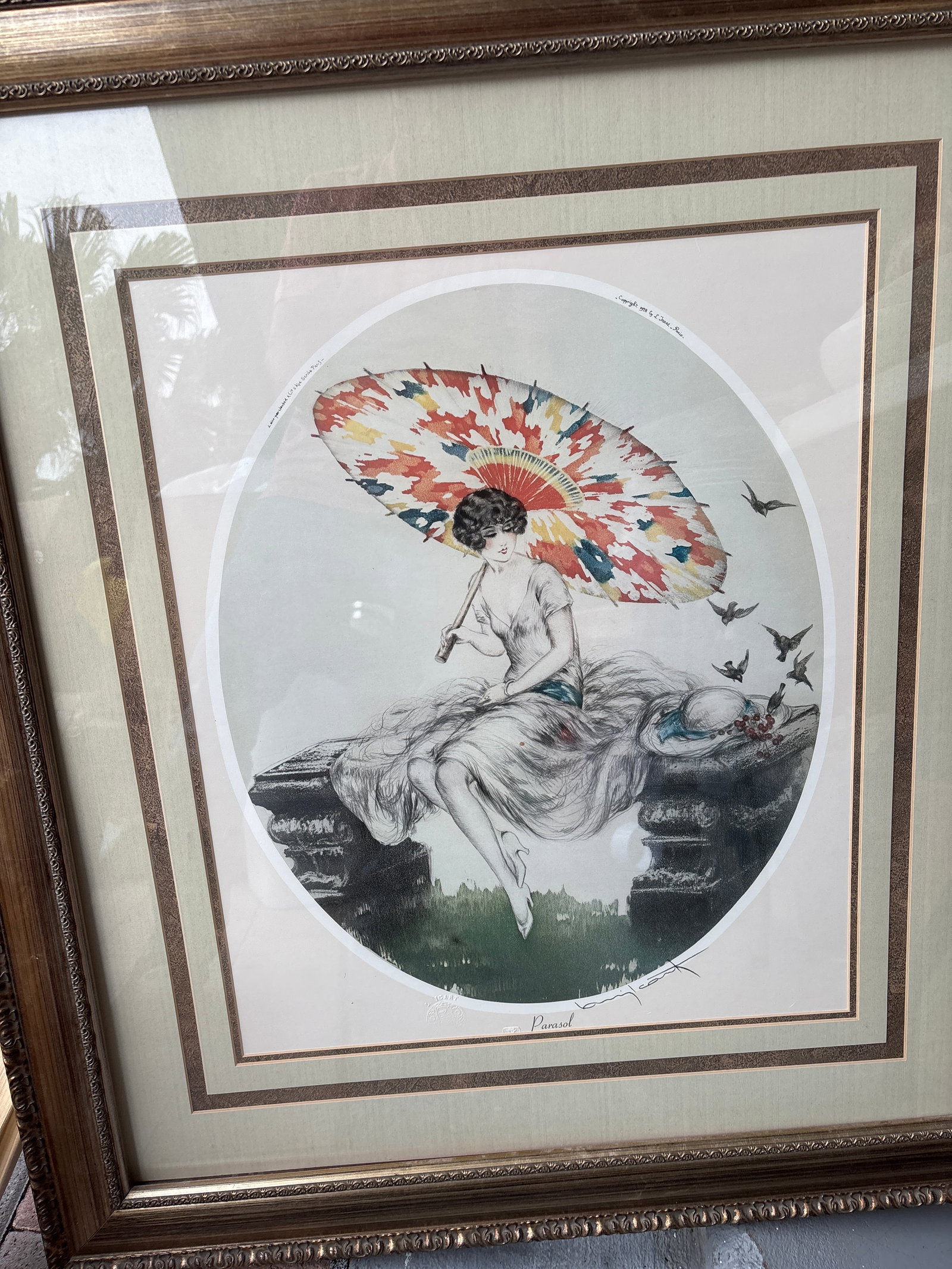 Large Louis Icart "Parasol’ Art Deco lady lithograph print (1 of 9)