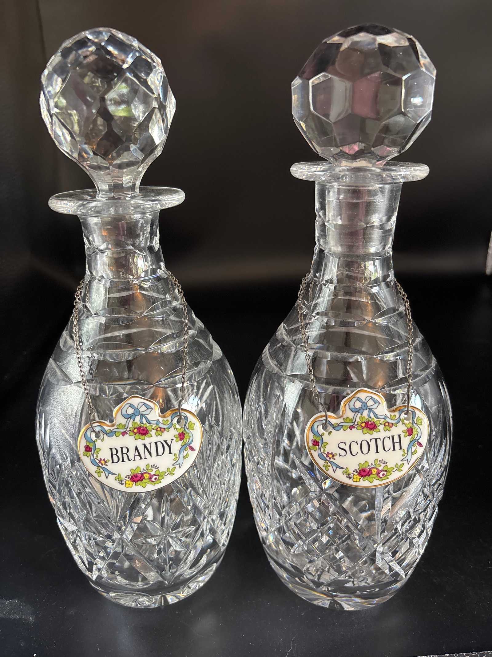Two English crystal 10.5 inch decanters with Coalport porcelain Brandy and Scotch labels (1 of 8)