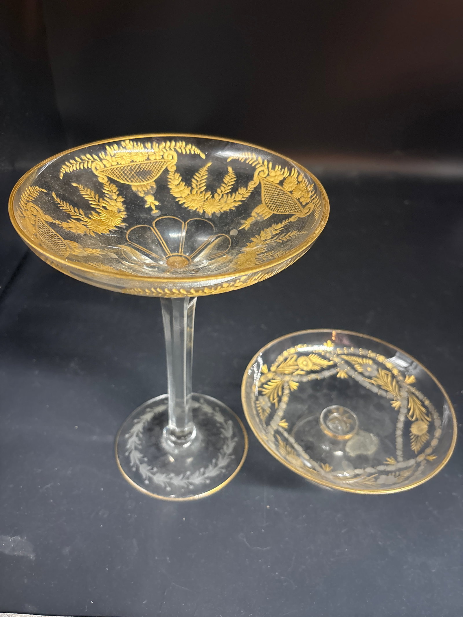 antique Bohemian gilded foliate designs crystal 8 inch tazza compote & similar one (1 of 8)