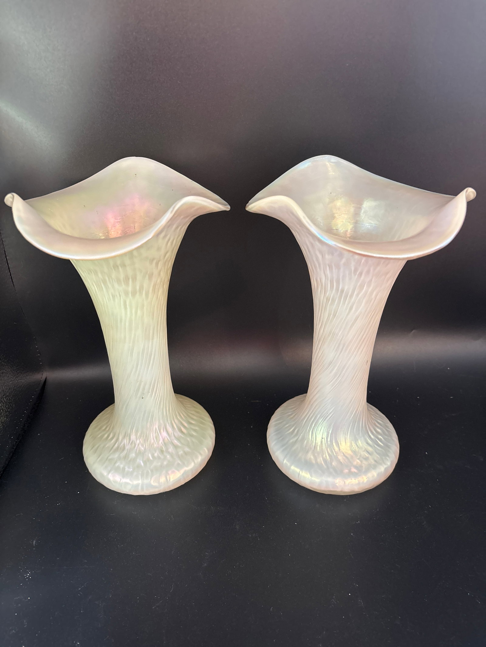 Tall Pair Art Nouveau Vict. Bohemian iridescent art glass 9&1/2 inch vases (1 of 10)