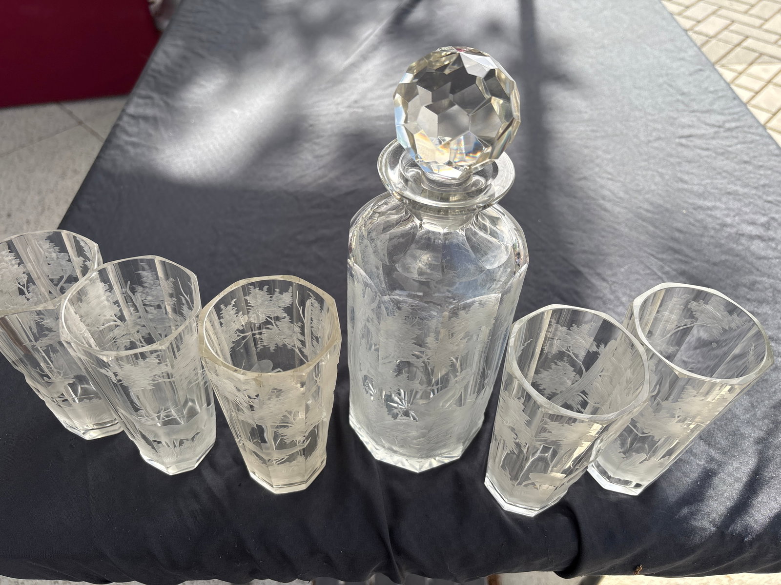 Antique Bohemian art glass six piece decanter set (1 of 8)