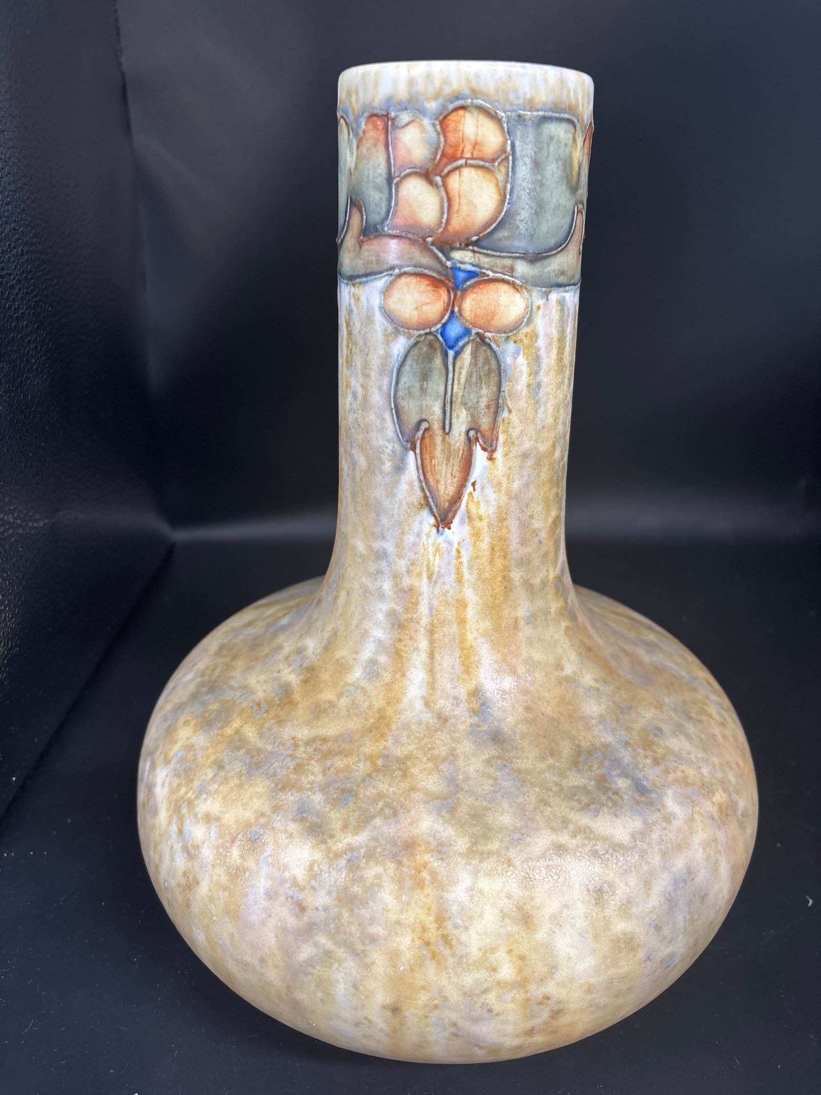 Large Uncommon antique Art Nouveau English Cranston Pottery11&1/2 inch vase: Large Uncommon antique Art Nouveau vase produced by the Cranston Pottery (Pearl Pottery Co.) in England, circa 1910. Design: Features a tube-lined foliate or Tukan pattern with stylized flowers or gra