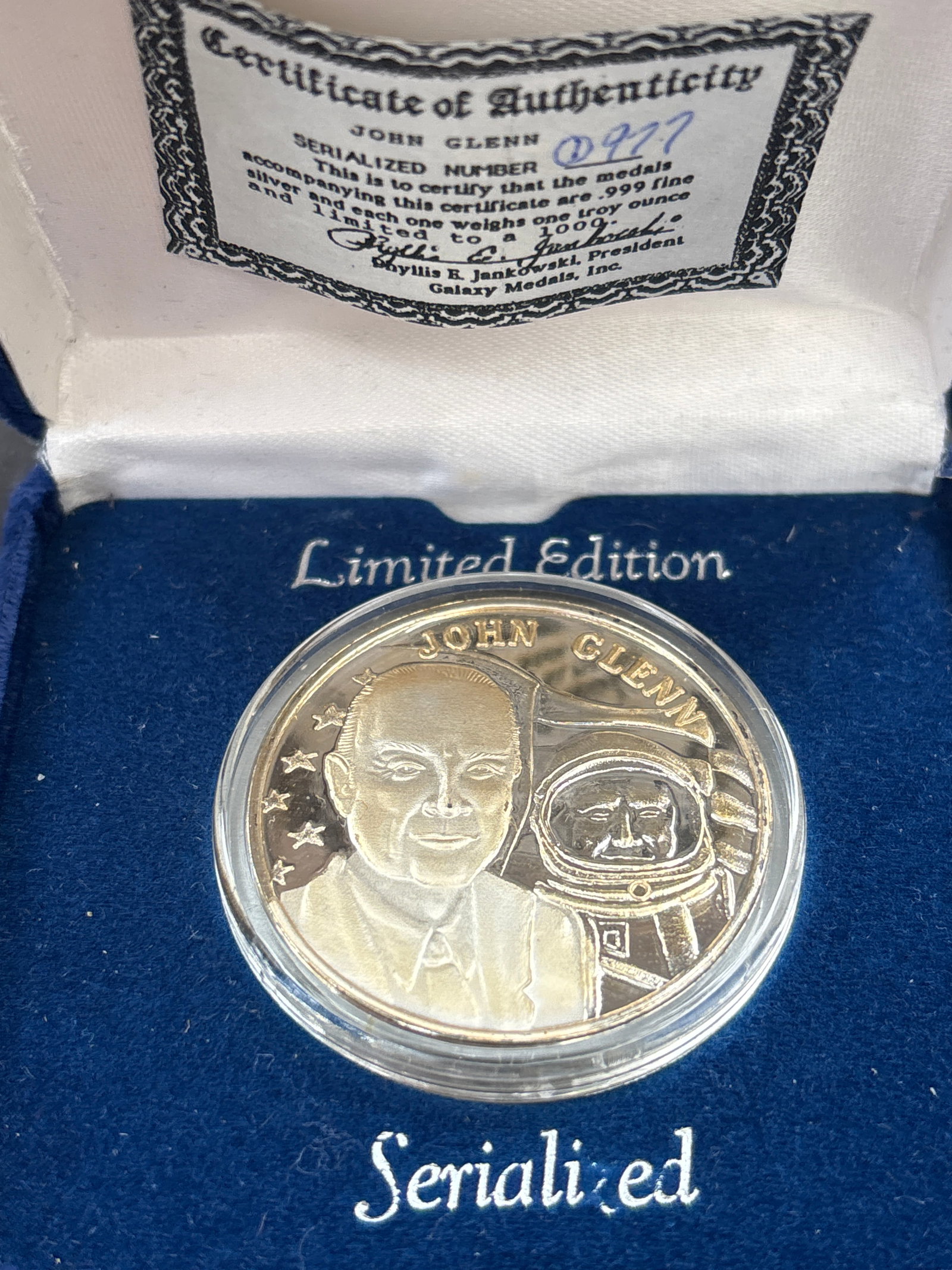 One ounce .999 fine silver John Glenn "Returns to Space" commemorative medal: ohn Glenn "Returns to Space" commemorative medal is a limited edition piece produced by Galaxy Medals, Inc.. It was issued in 1998 to mark Senator John Glenn’s return to orbit aboard the Space Shutt
