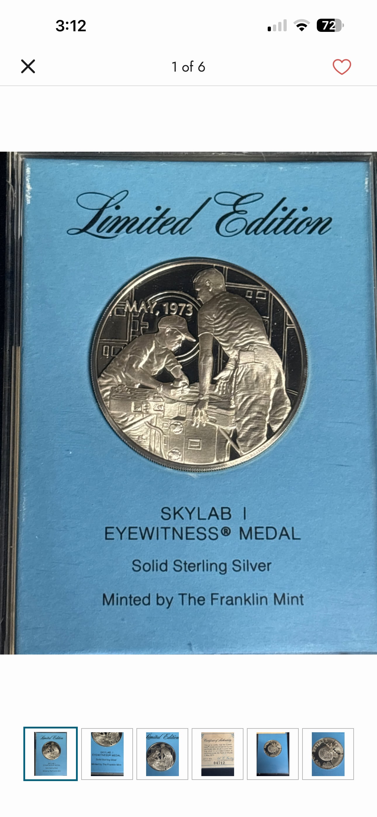 Sterling 1973 Skylab I Eyewitness Medal, a limited edition commemorative medal: 1973 Skylab I Eyewitness Medal, a limited edition commemorative piece minted by The Franklin Mint in solid sterling silver.Value and Market InformationAs of April 2026, the market value for this speci
