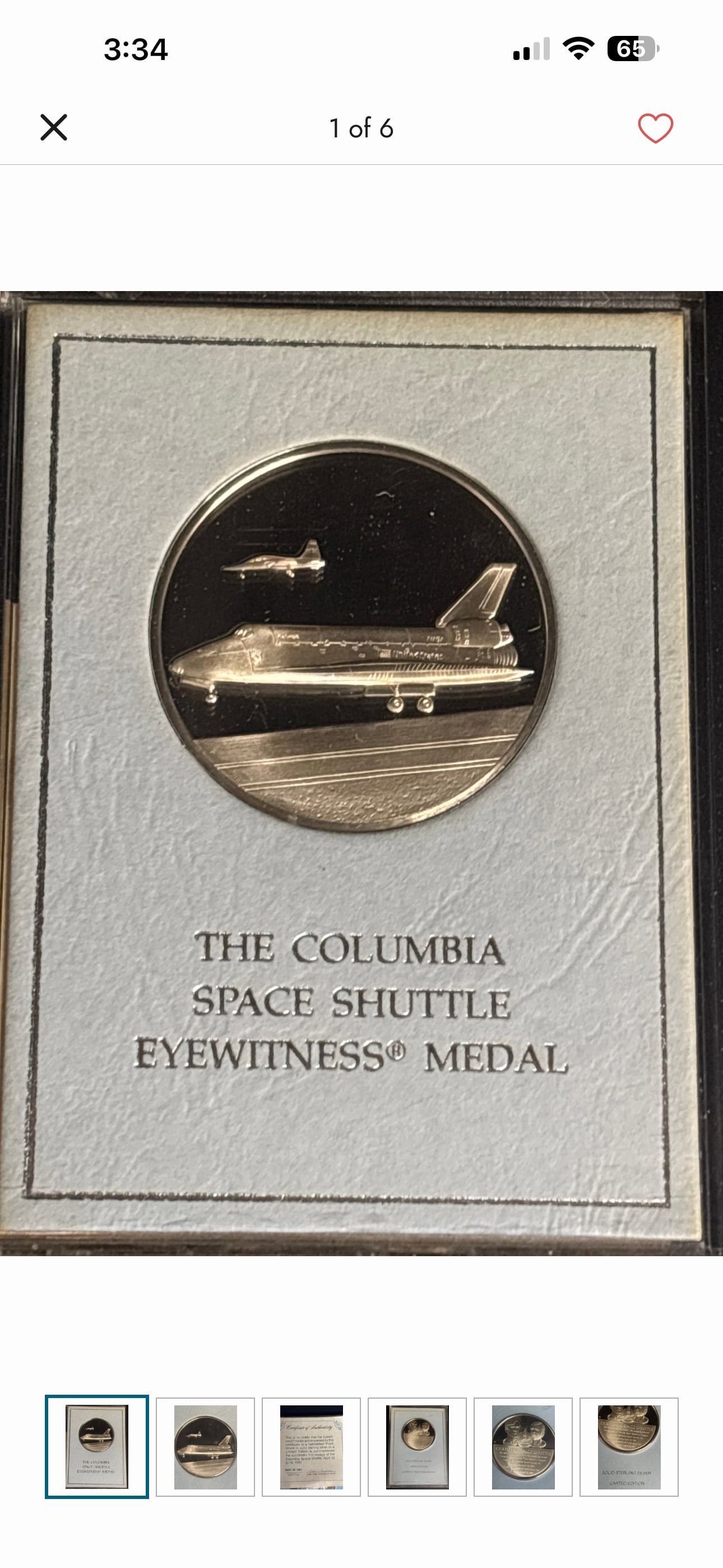 24 grams .925 sterling Columbia Space Shuttle Eyewitness Commemorative Medal (1 of 6)