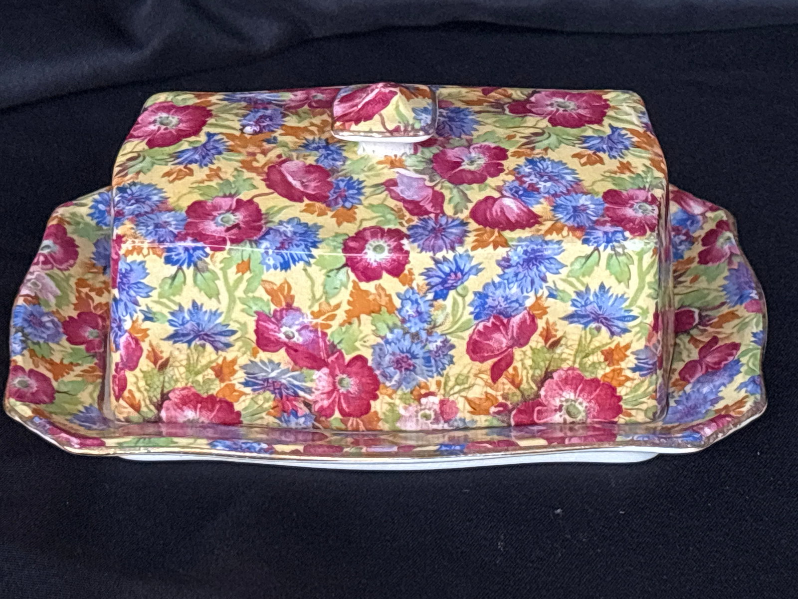 Nice vintage square 6&1/2 inch covered butter dish vibrant floral chintz ‘Royalty’ (1 of 8)