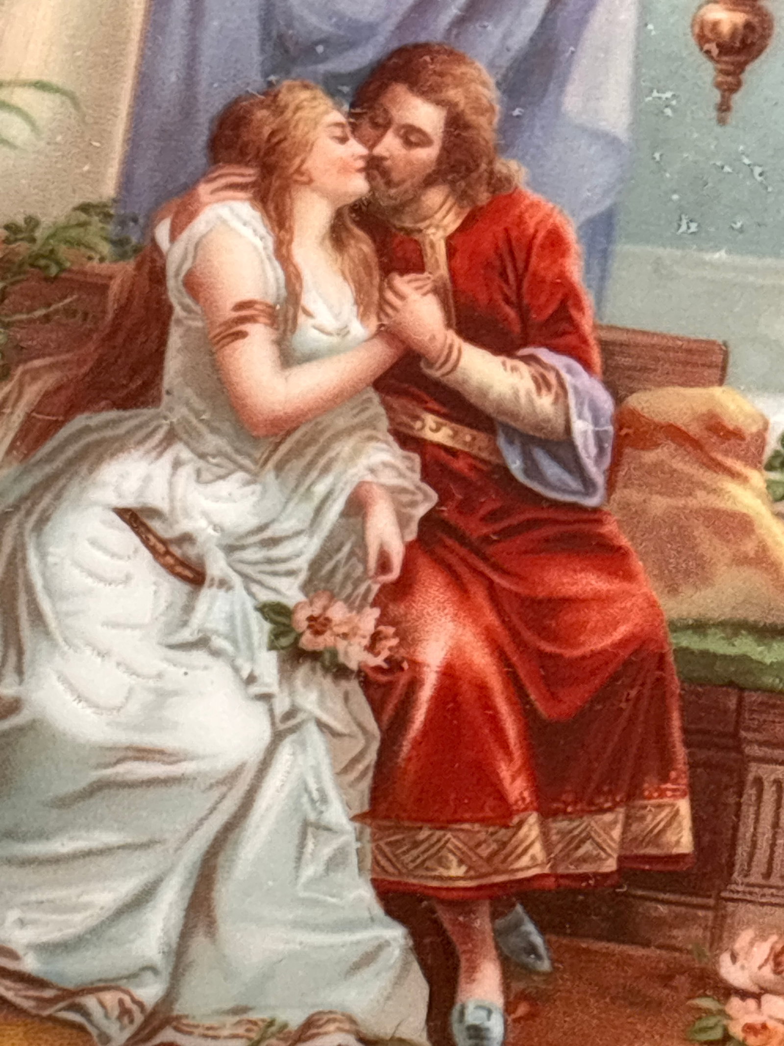 Pair 11&1/2 inch large antique Royal Vienna-style porcelain cabinet plates: Pair 11&1/2 inch large antique Royal Vienna-style porcelain cabinet plates; often featuring ornate green and gold borders and a hand-painted romantic courting scene in the center. Style: Neo-Classical