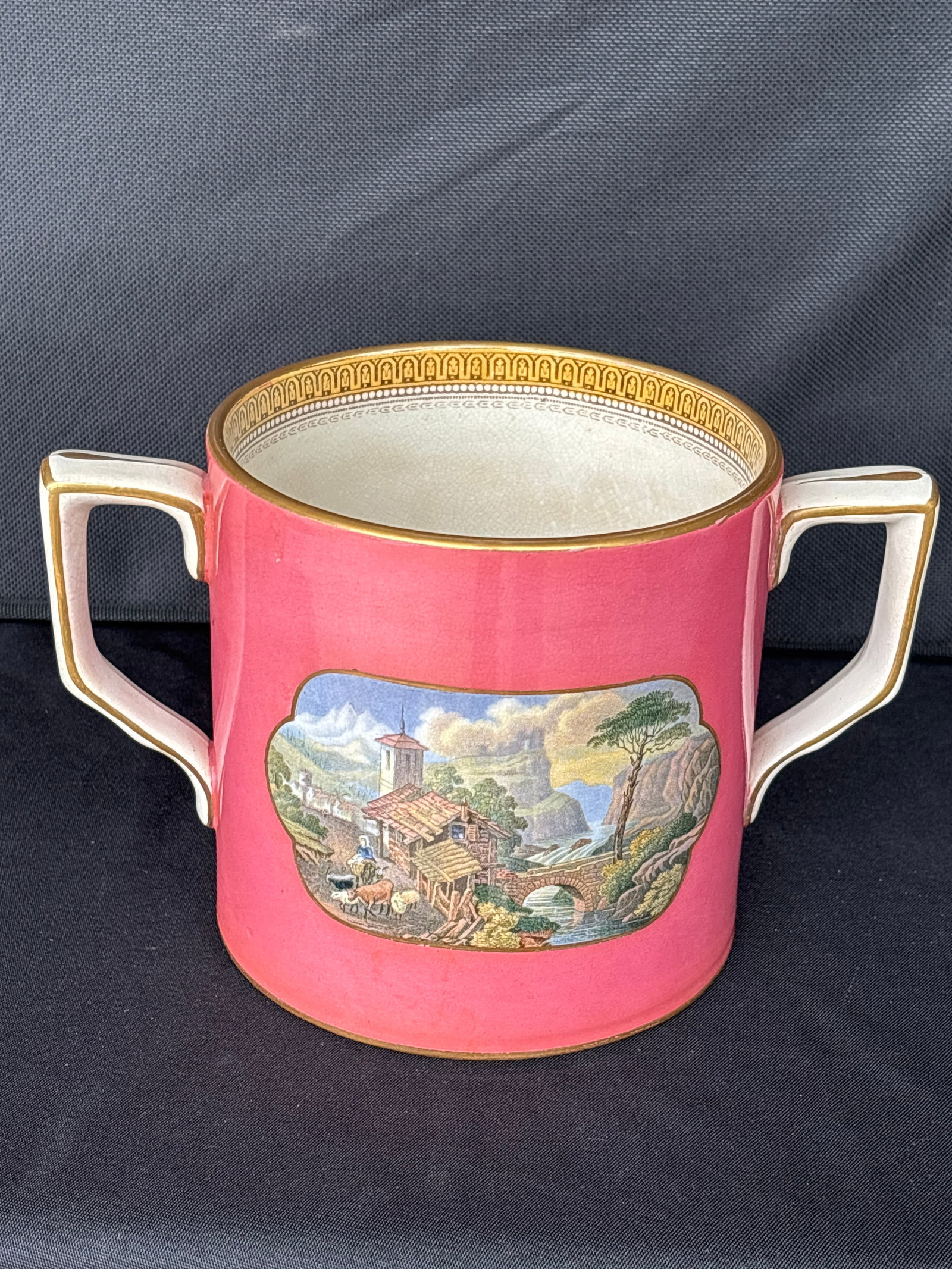 Large antique loving mug, specifically a 19th-century F. & R. Pratt transferware loving cup (1 of 9)