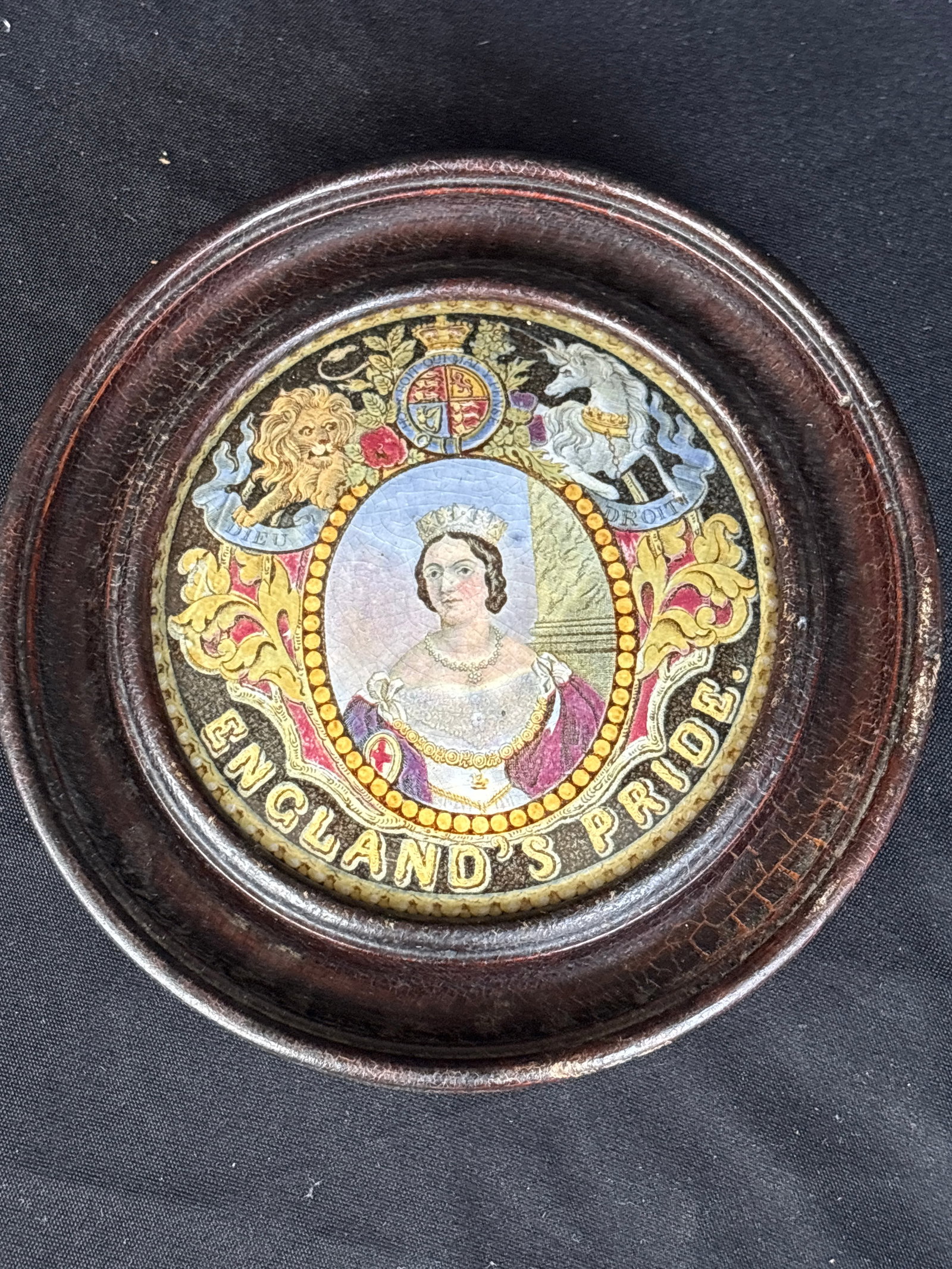 Queen Victoria 1860’s Prattware 4 inch framed pot lid; F. & R. Pratt transferware (1 of 5)