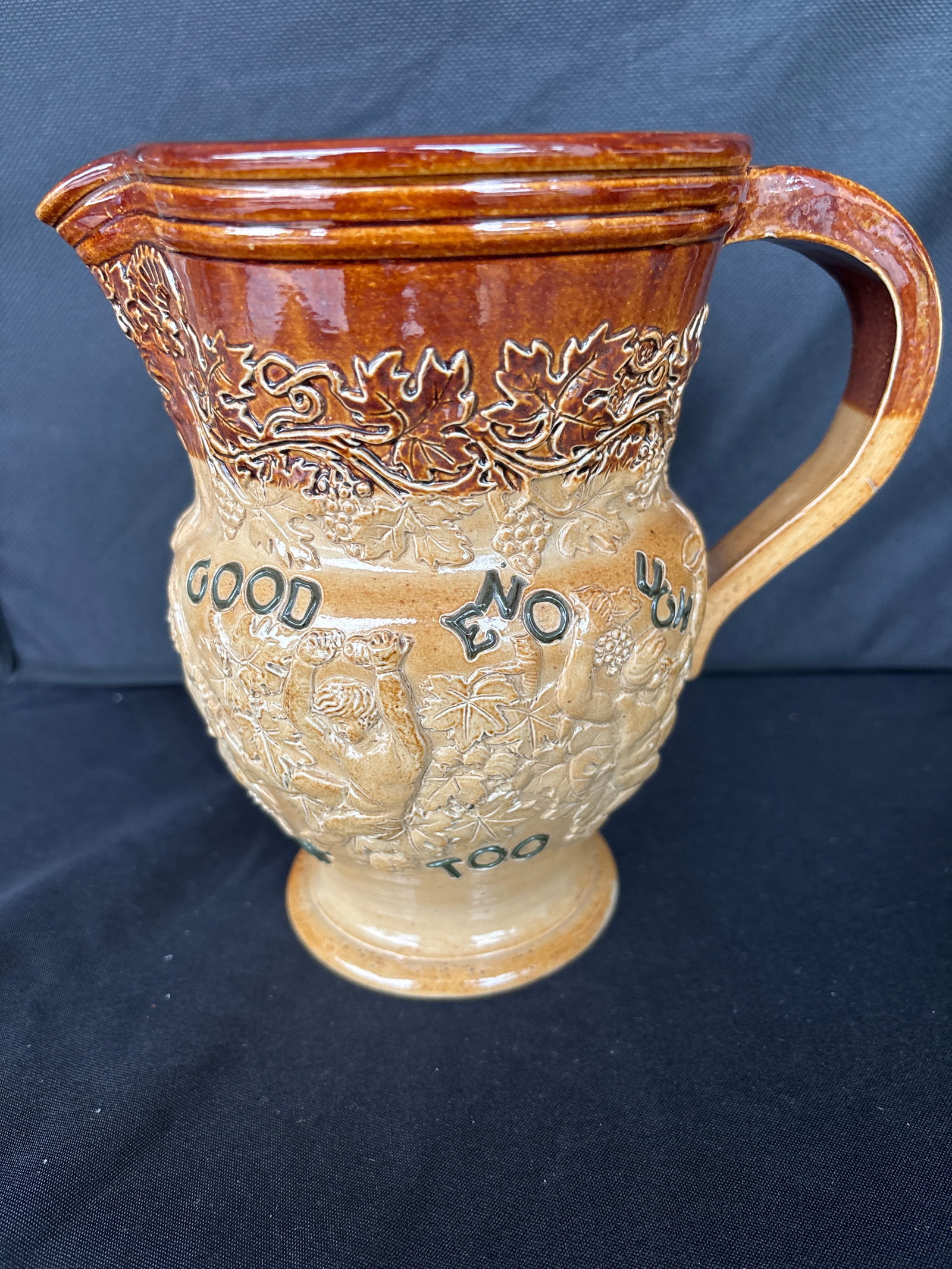 Bacchus scenic Large 7&1/2 inch antique Motto ware Doulton Lambeth stoneware pitcher/jug (1 of 9)