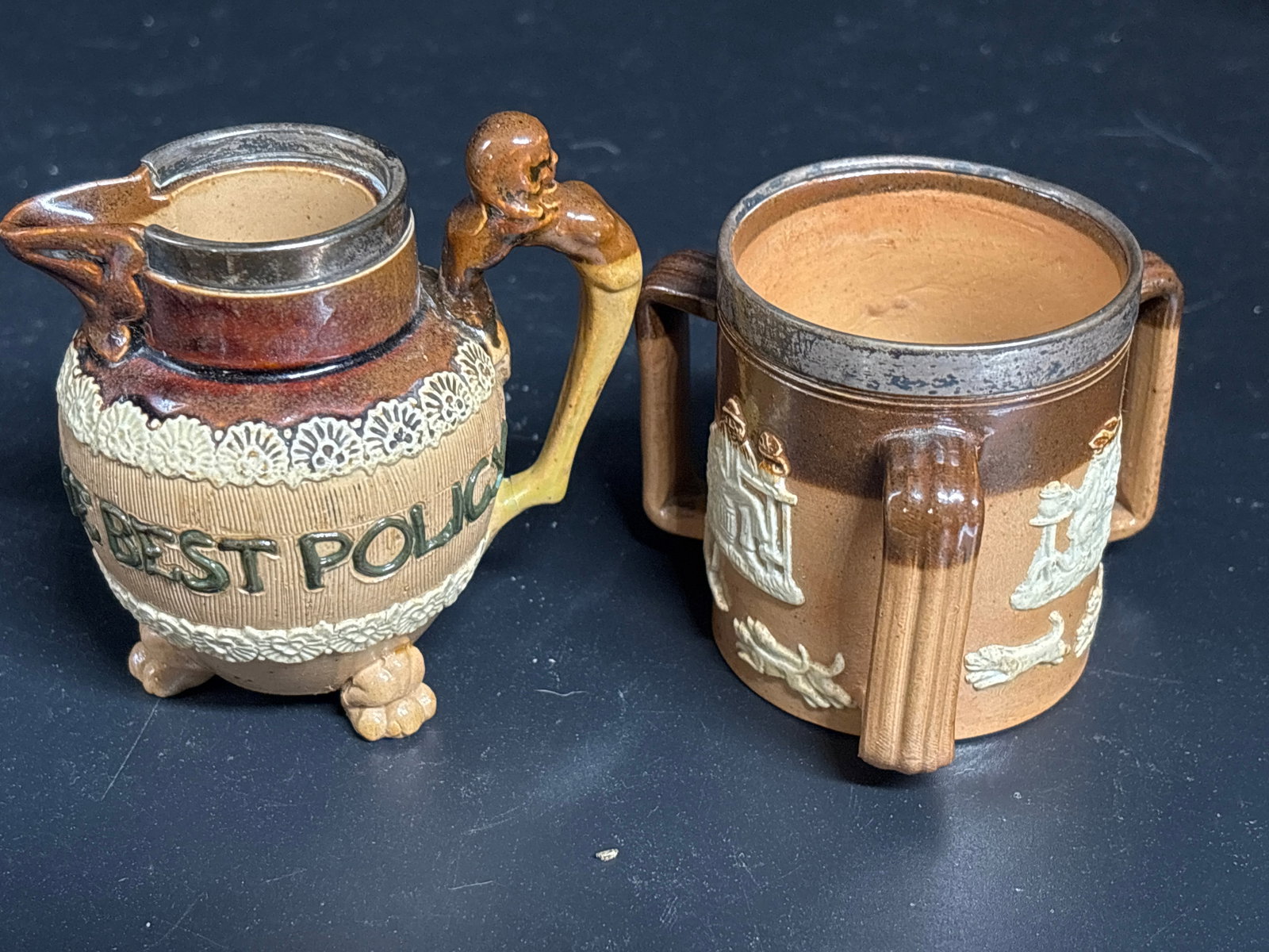 Two English sterling collar Doulton Lambeth stoneware small tug & jug (1 of 11)