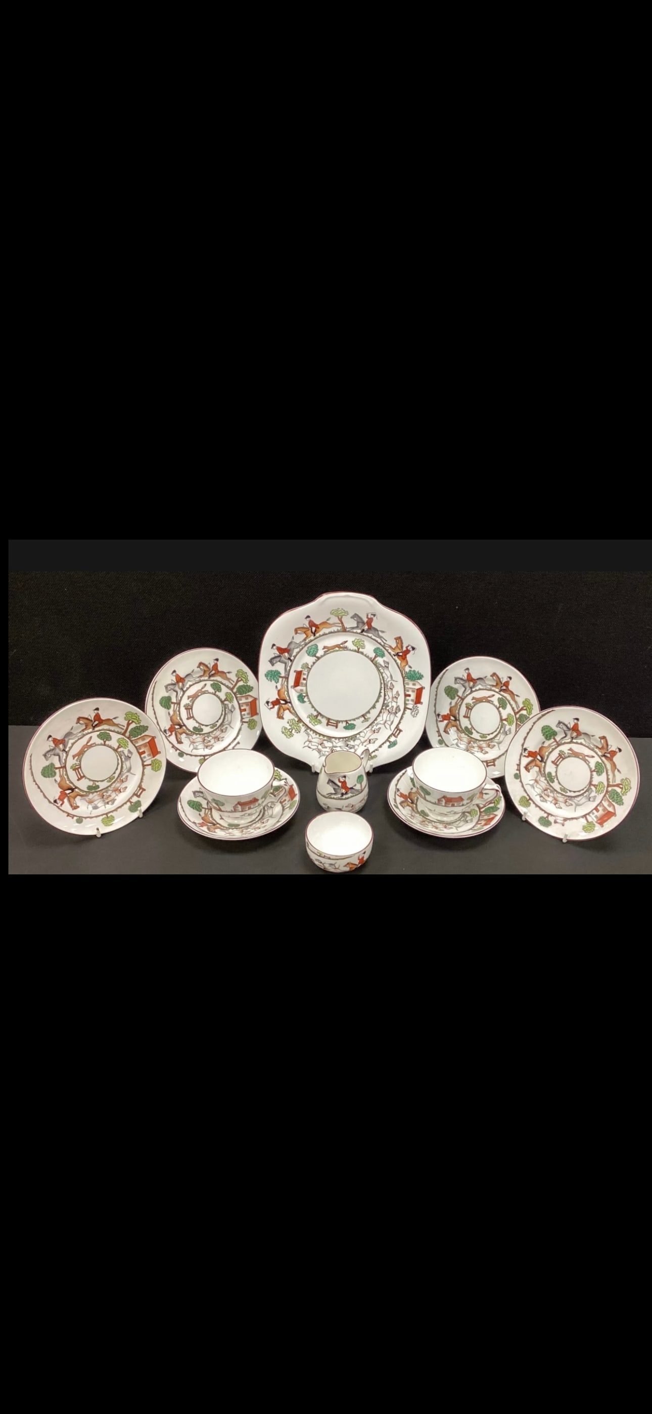 Crown Staffordshire ‘Hunting Scene’ pattern tea set for two (1 of 3)