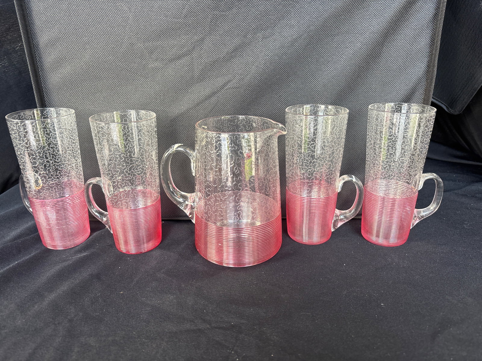 Rare five piece Lutz Sandwich glass pink threaded 5&1/2 inch cups & jug (1 of 9)