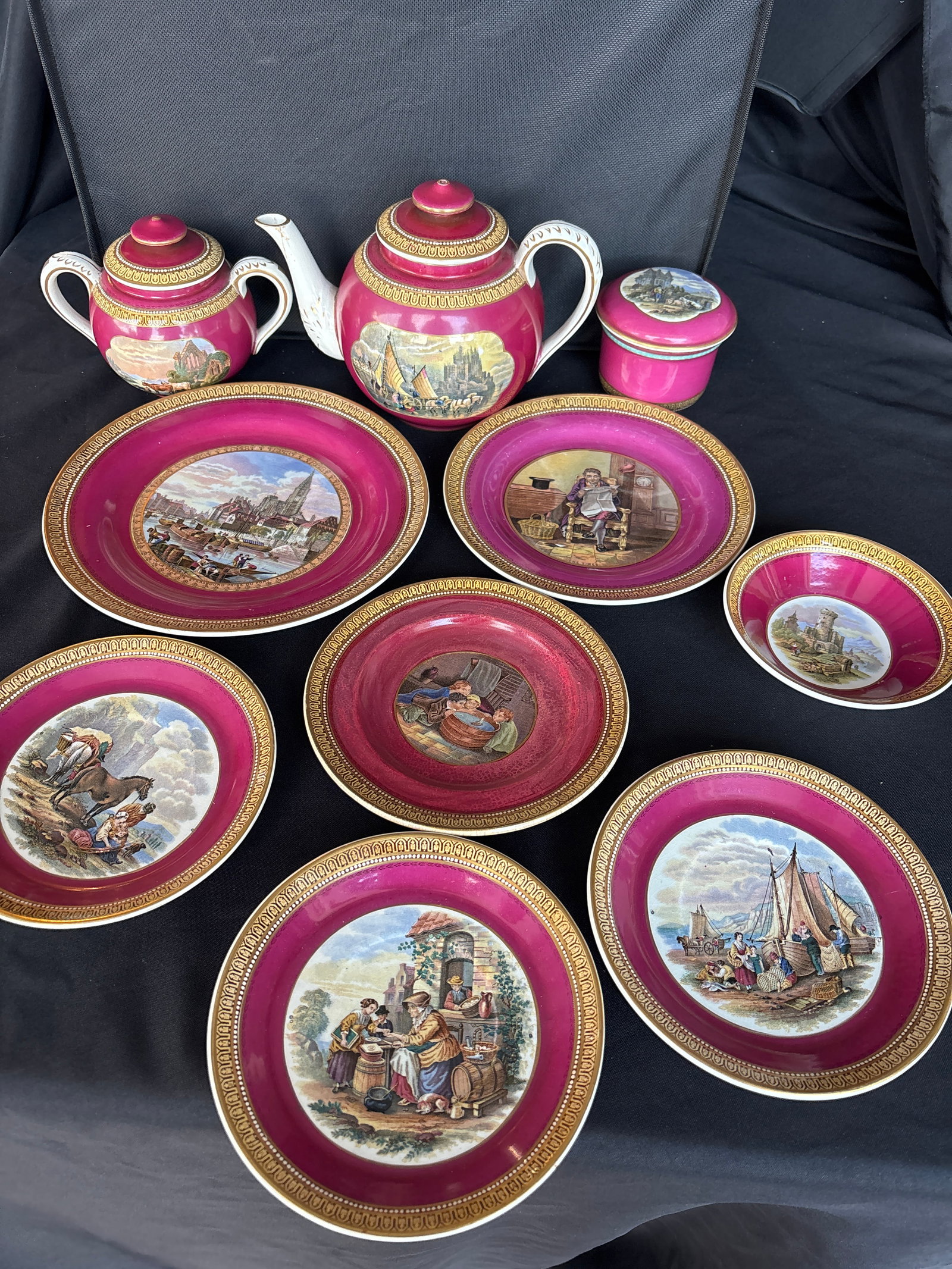 Ten piece mid-19th C. Pratt ware earthenware tea set & plates: antique earthenware piece from the mid-19th century. Prattware refers to pottery produced by F. & R. Pratt of Fenton, Staffordshire, which is renowned for its pioneering multi-colored underglaze trans