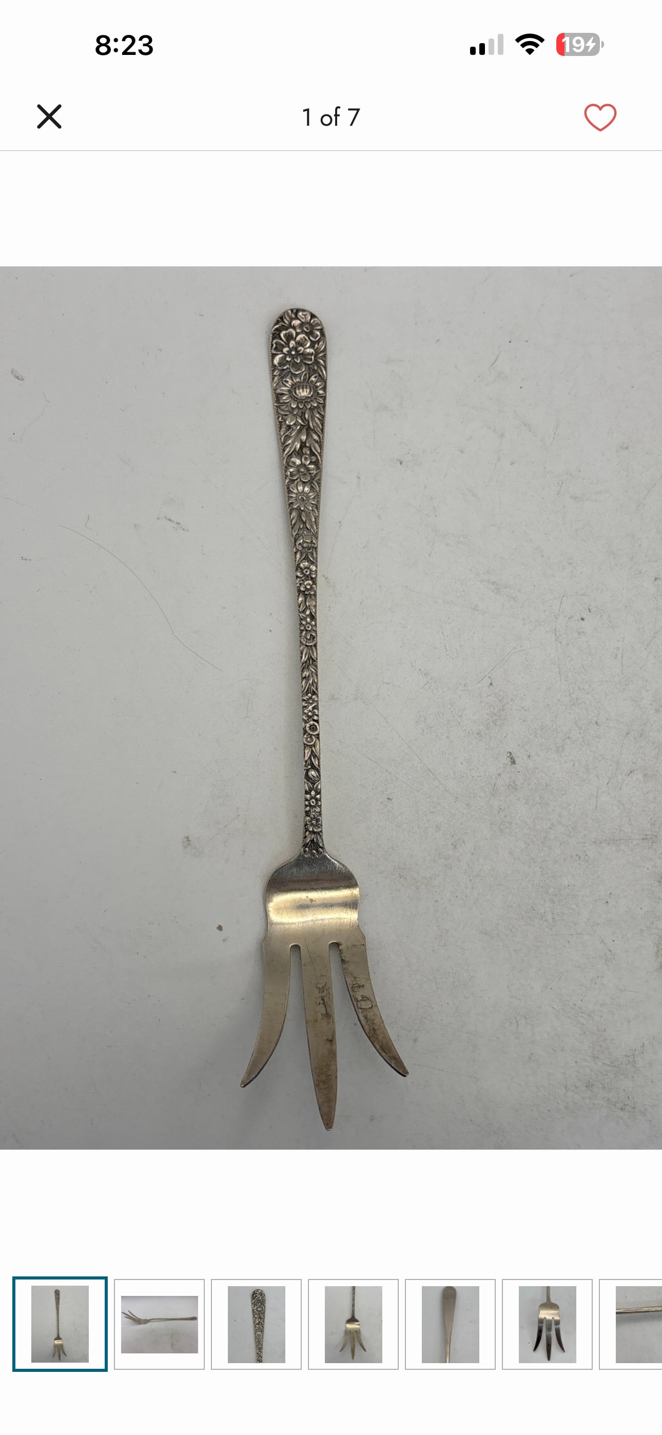 S. Kirk & Son "Repousse" sterling silver 8.75 inch lettuce fork; 45 grams: S. Kirk & Son "Repousse" sterling silver lettuce fork, first produced in 1828. Pattern: Repousse, featuring highly ornate, hand-chased floral designs. Item Type: Small lettuce serving fork,