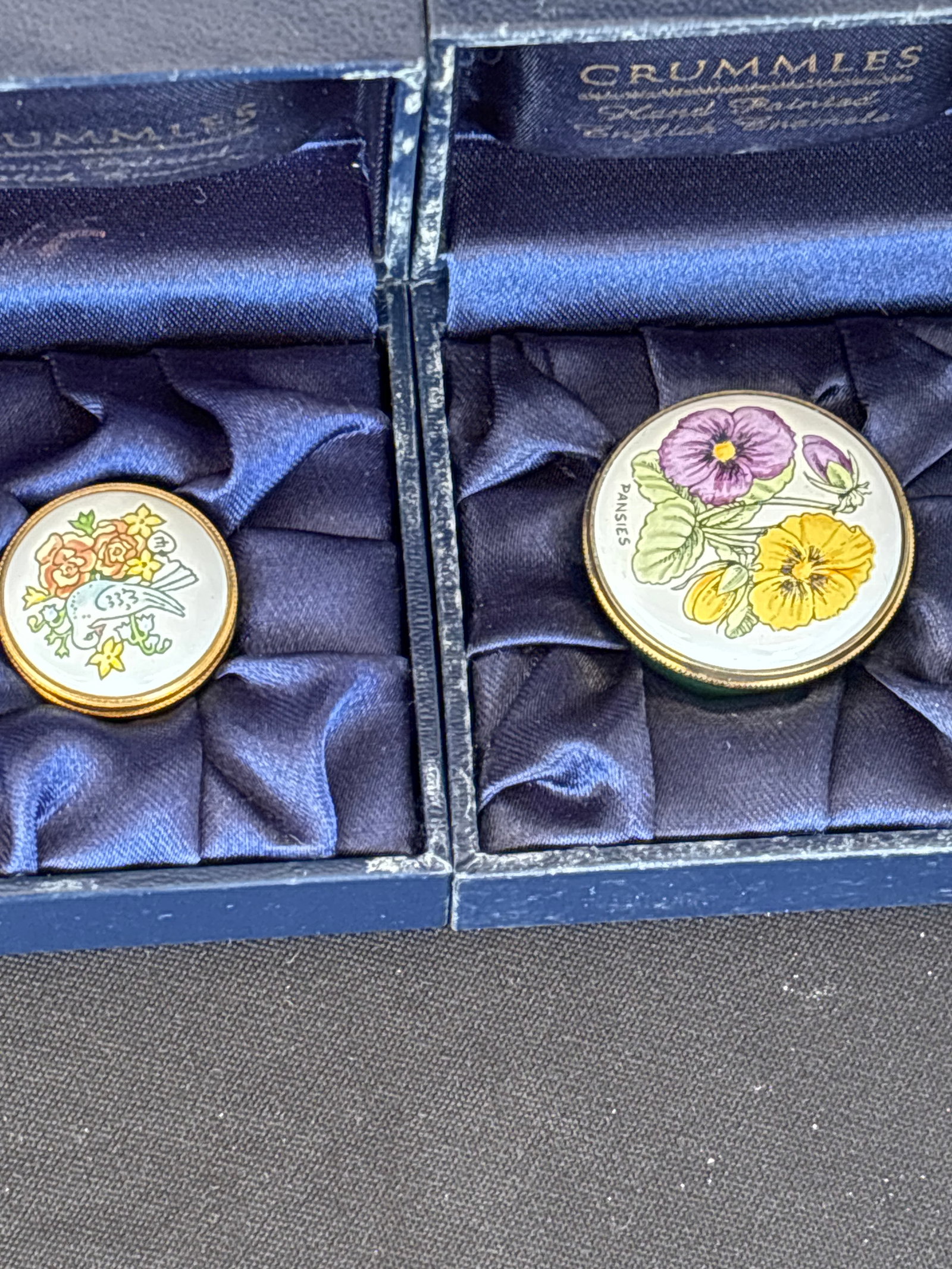 Group of five Crummles hand-painted English enamel1 inch trinket boxes - 5