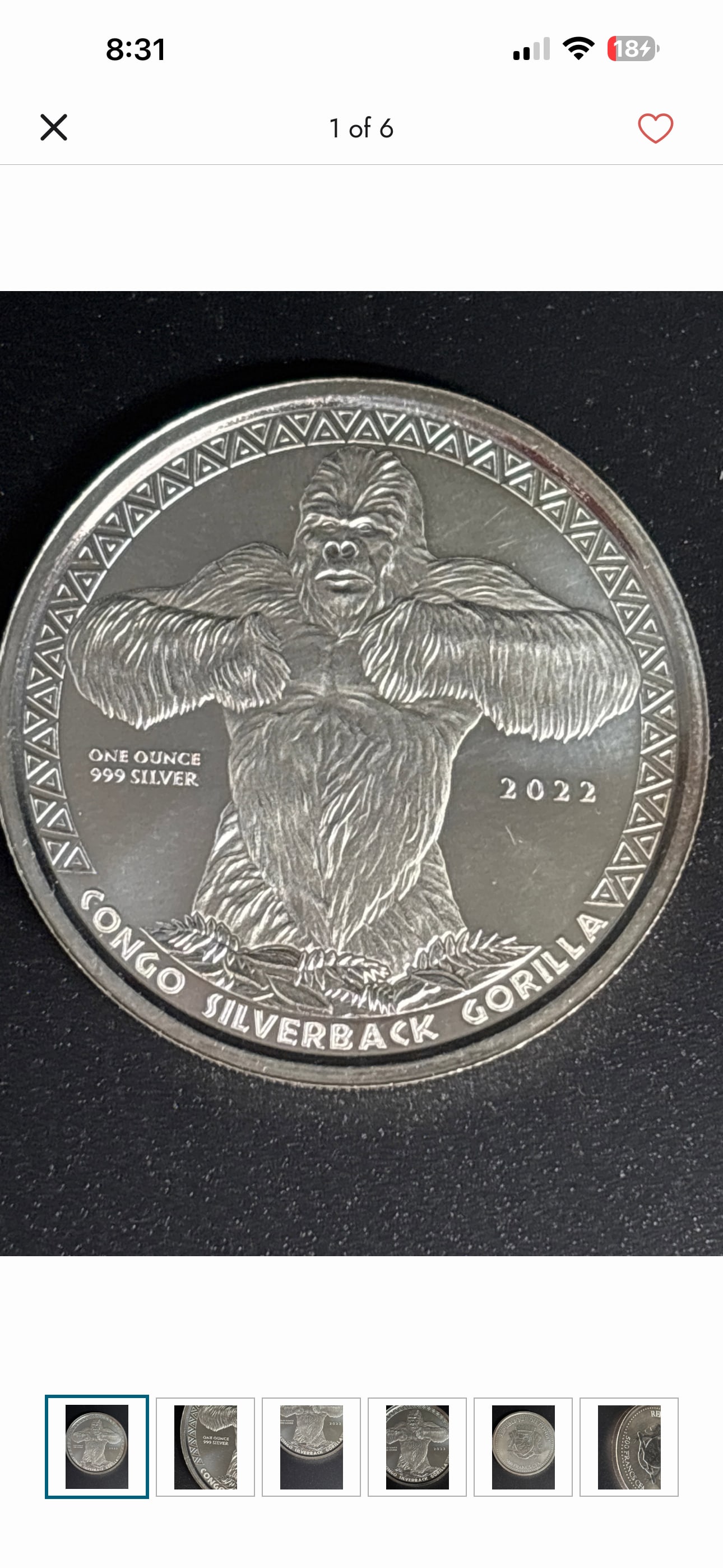 One troy ounce .999 fine silver coin 2022 Republic of Congo Silverback Gorilla: Limited edition 2022 Republic of Congo Silverback Gorilla 1 oz Silver Coin minted by the Scottsdale Mint. Composition: 1 troy ounce of .999 fine silver. Design: The obverse depicts a roaring